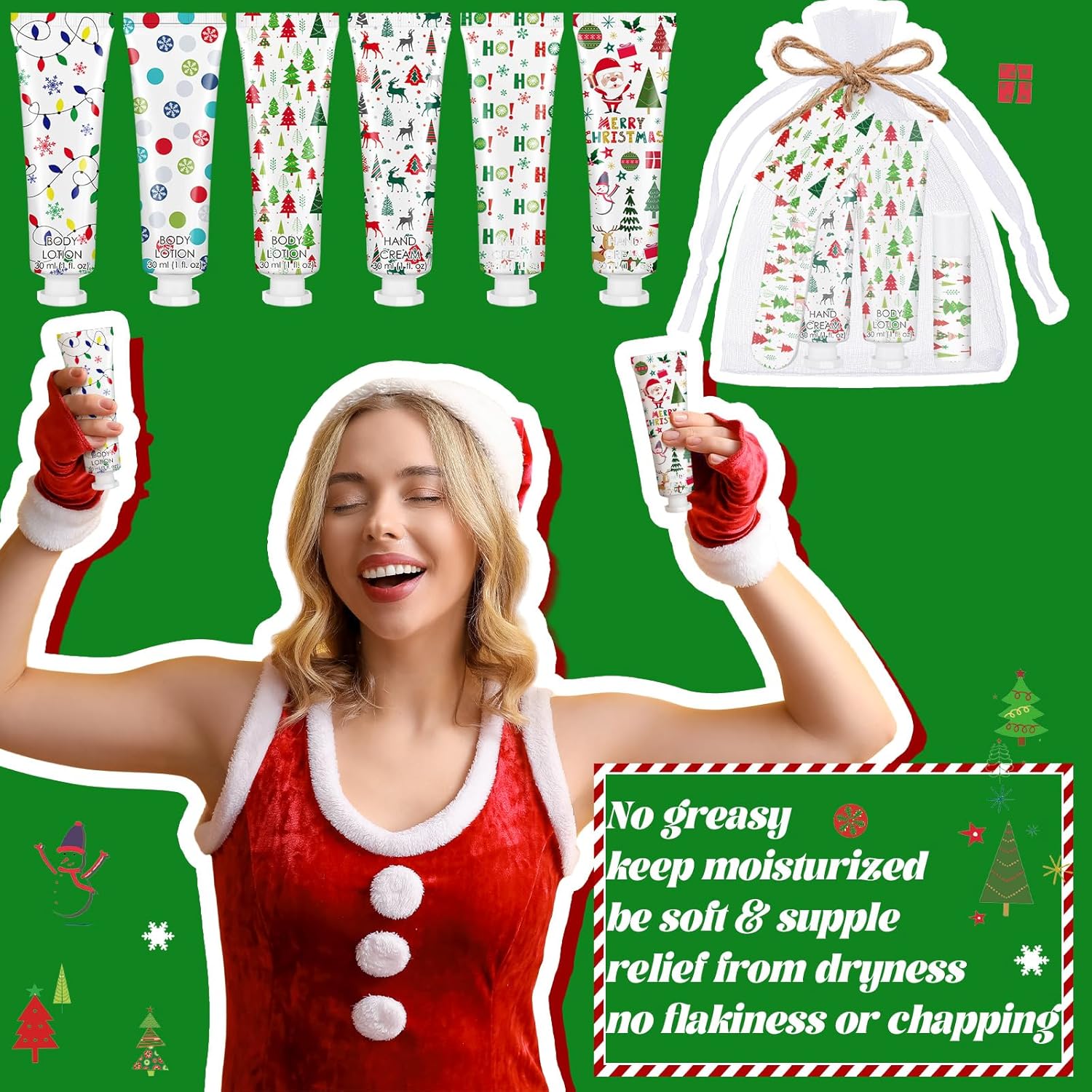 12 Sets/72 Pcs Christmas Party Favors Christmas Hand Cream Body Lotion Lip Balm Nail File Gifts Set Xmas Stocking Stuffers Travel Size Lotion Bulk Holiday Party Supplies for Coworkers Women Adults