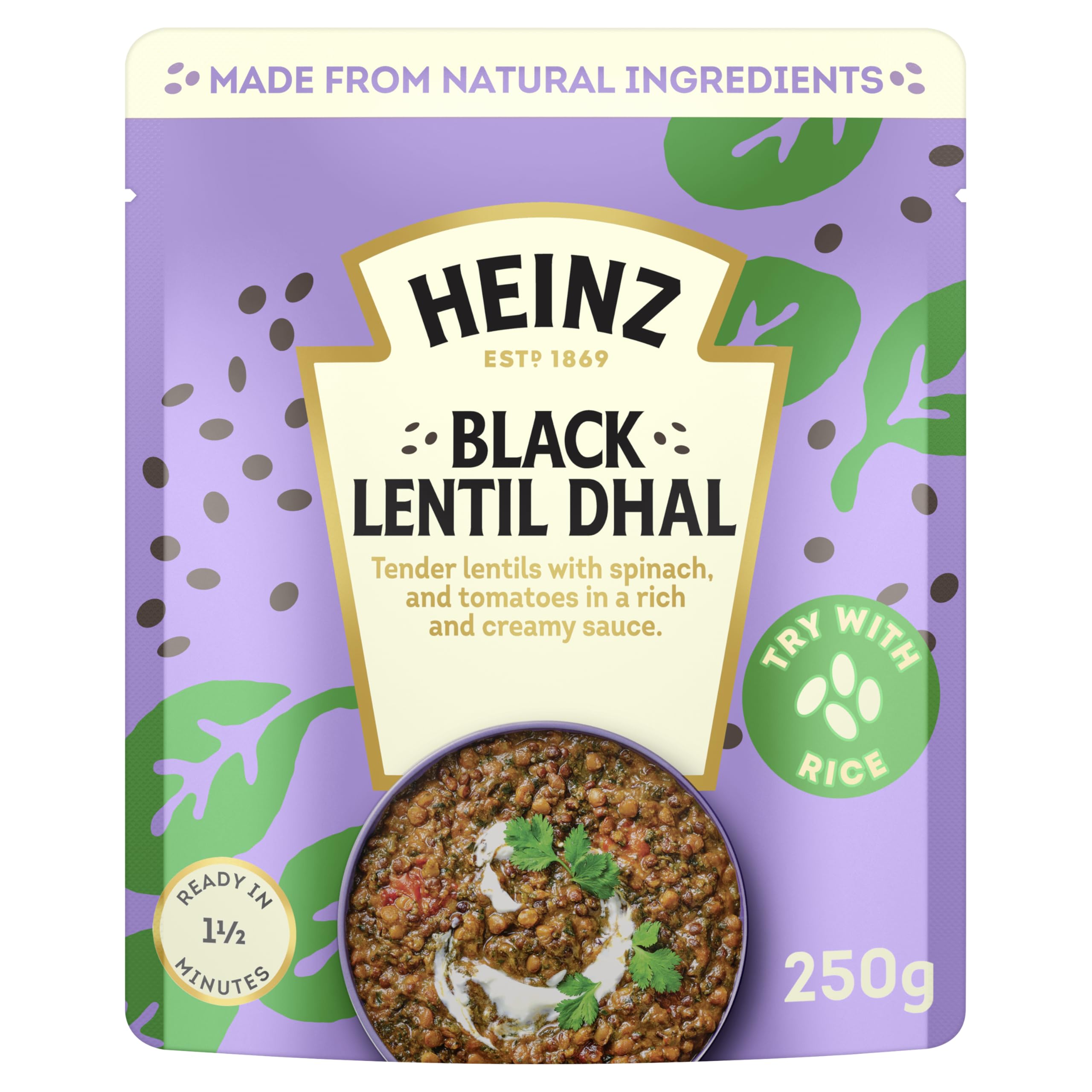 HEINZ Black Lentil Dhal with Spinach and Tomatoes - Meal for One, Made From Natural Ingredients, Source of Protein, 250gr
