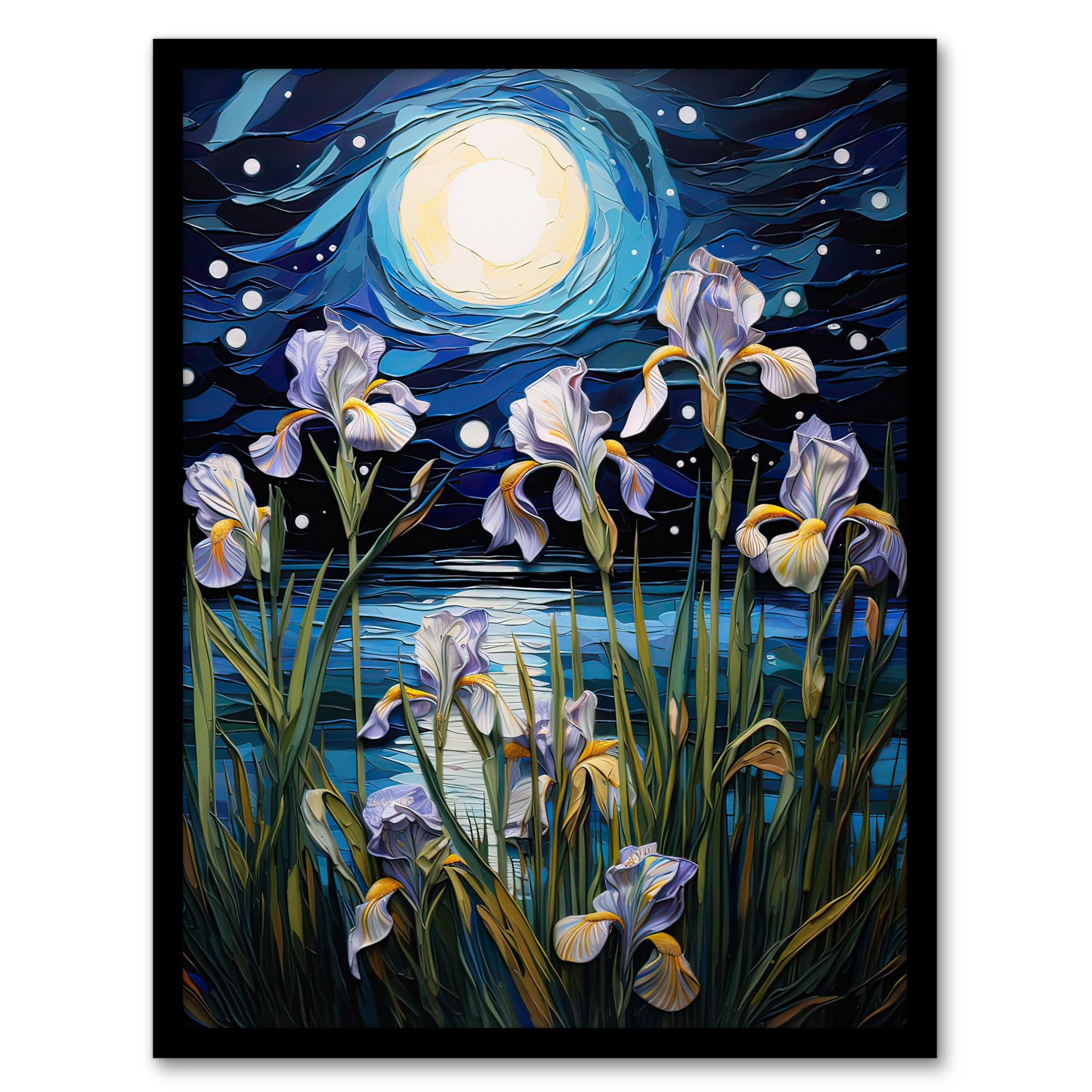 Artery8 Ethereal Iris Flower Blooms Fantasy Lake Full Moon Artwork Framed Wall Art Print 18X24 Inch