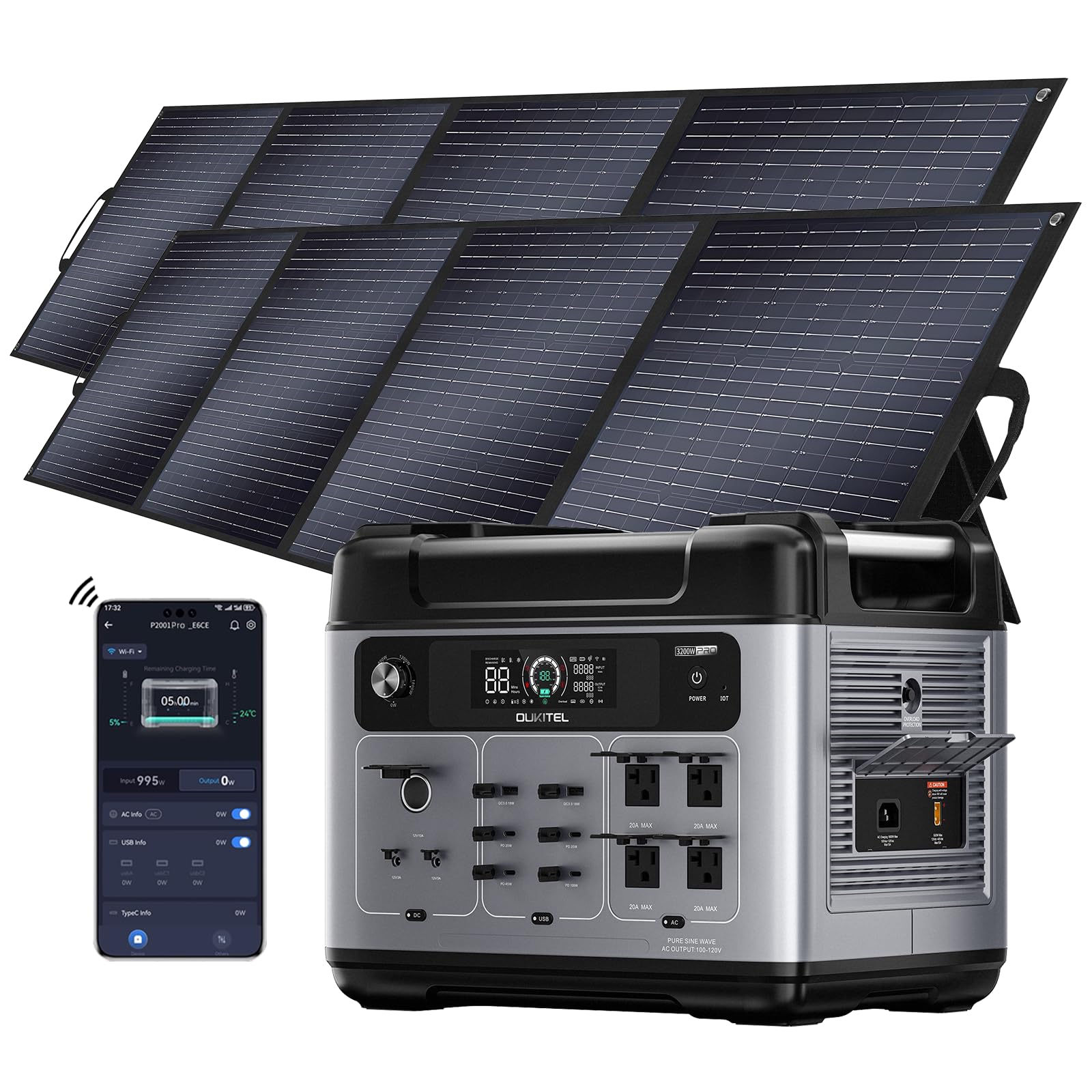 OUKITEL 3200W Generador Solar con 2 Panel 400W, 2048Wh Estación de Energía Portátil, Carga Rápida 80% en 45min, Batería LiFePO4, APP, 16 Puertos, Power Station para Camping y Emergencia, P2001E Pro