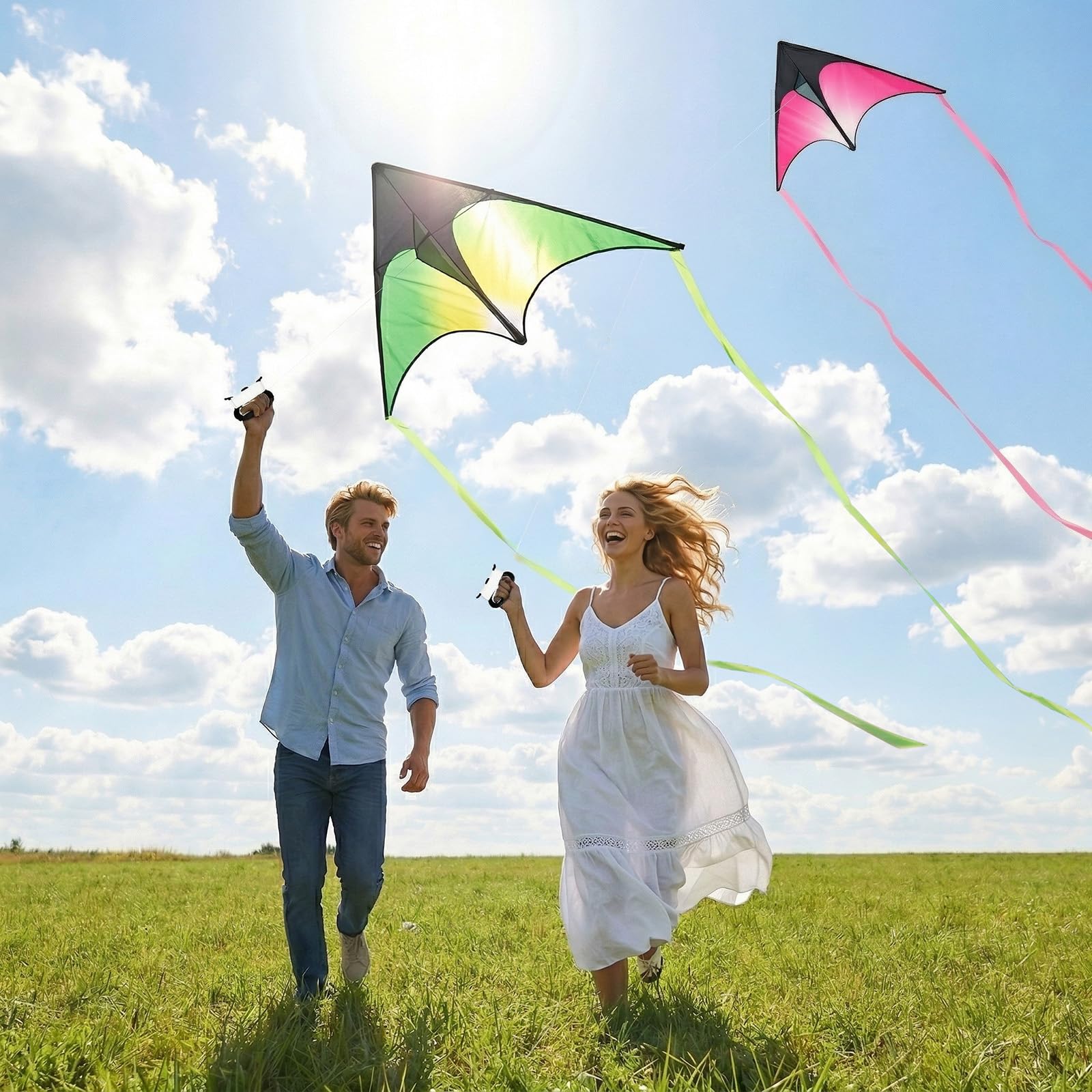 EVERGOODS Delta Kite Set for Kids & Adults Beginner-Friendly Easy-to-Fly Kites for Beach, Park, and Outdoor Family Fun, Outdoor Games & Activities (Pink Green 2PCS)