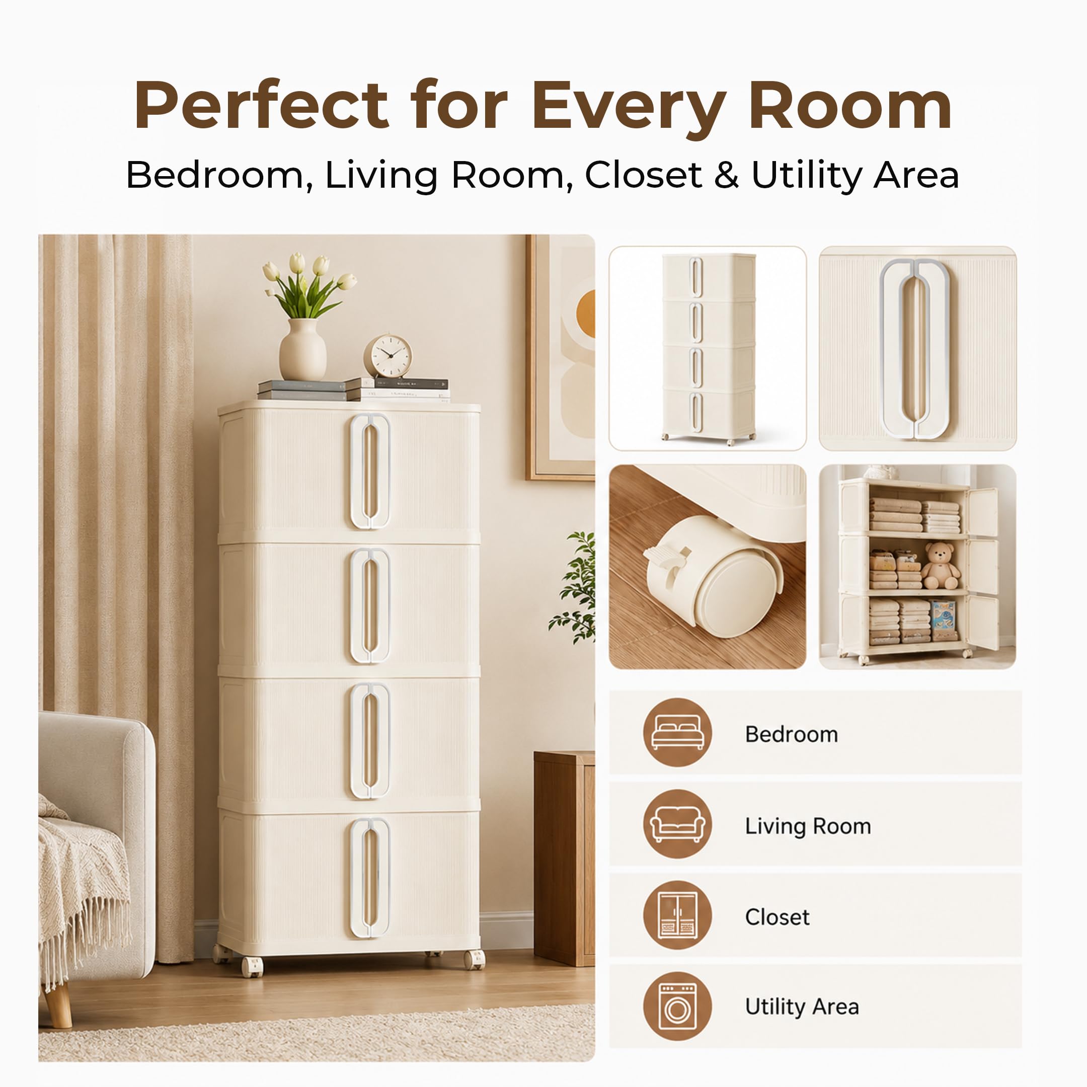 HomeEssentials Stackable Multi-Layer Storage Cabinet with Wheels | Modular Rolling Storage Organizer | Space-Saving Drawer System for Bedroom, Kitchen, Office & Home | Durable Rolling Storage Rack 4