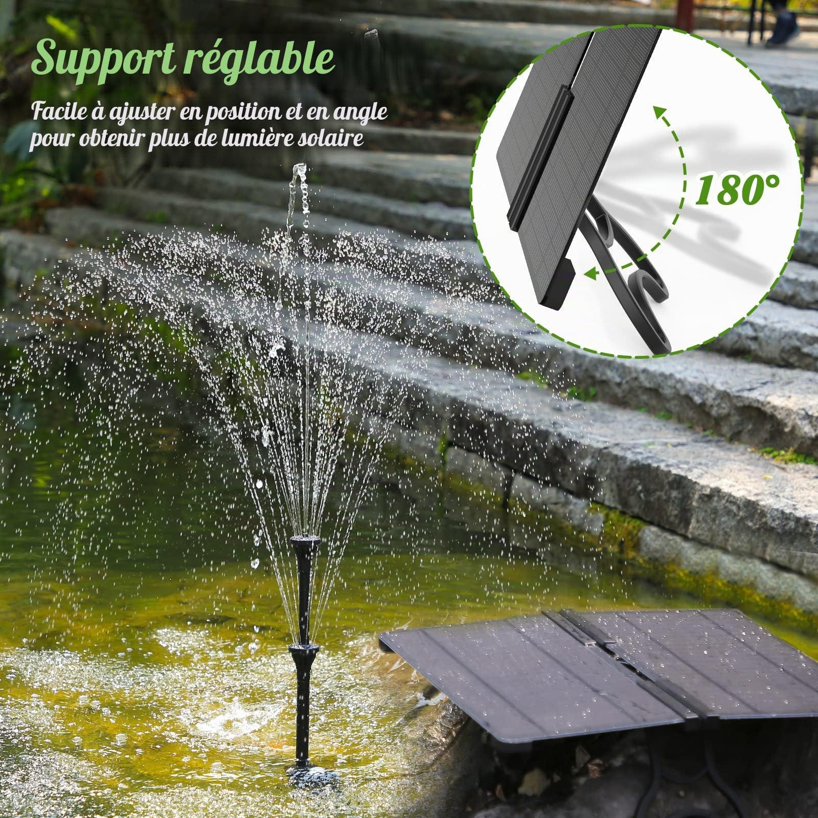AMZtime Fontaine et Solaire 20W Pliante Pompe à Eau Extérieur avec Support Réglable pour Jardin, Étang, Bricolage