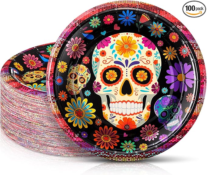 100 Pcs Dia De Los Muertos Sugar Skull Paper Plates 7 Inch Disposable Cake Dessert Dinner Plates for Halloween Day of The Dead Fiesta Party Decorations Supplies (Black)