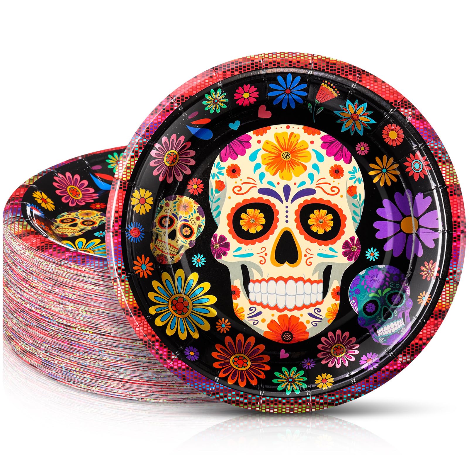 FillTouch 100 Stück Tag der Toten Pappteller 17,8 cm Sugar Skull Dia De Los Muertos Kuchen Dessertteller Tag der Toten Party Dekorationen für mexikanische Halloween Geburtstag Party Supplies