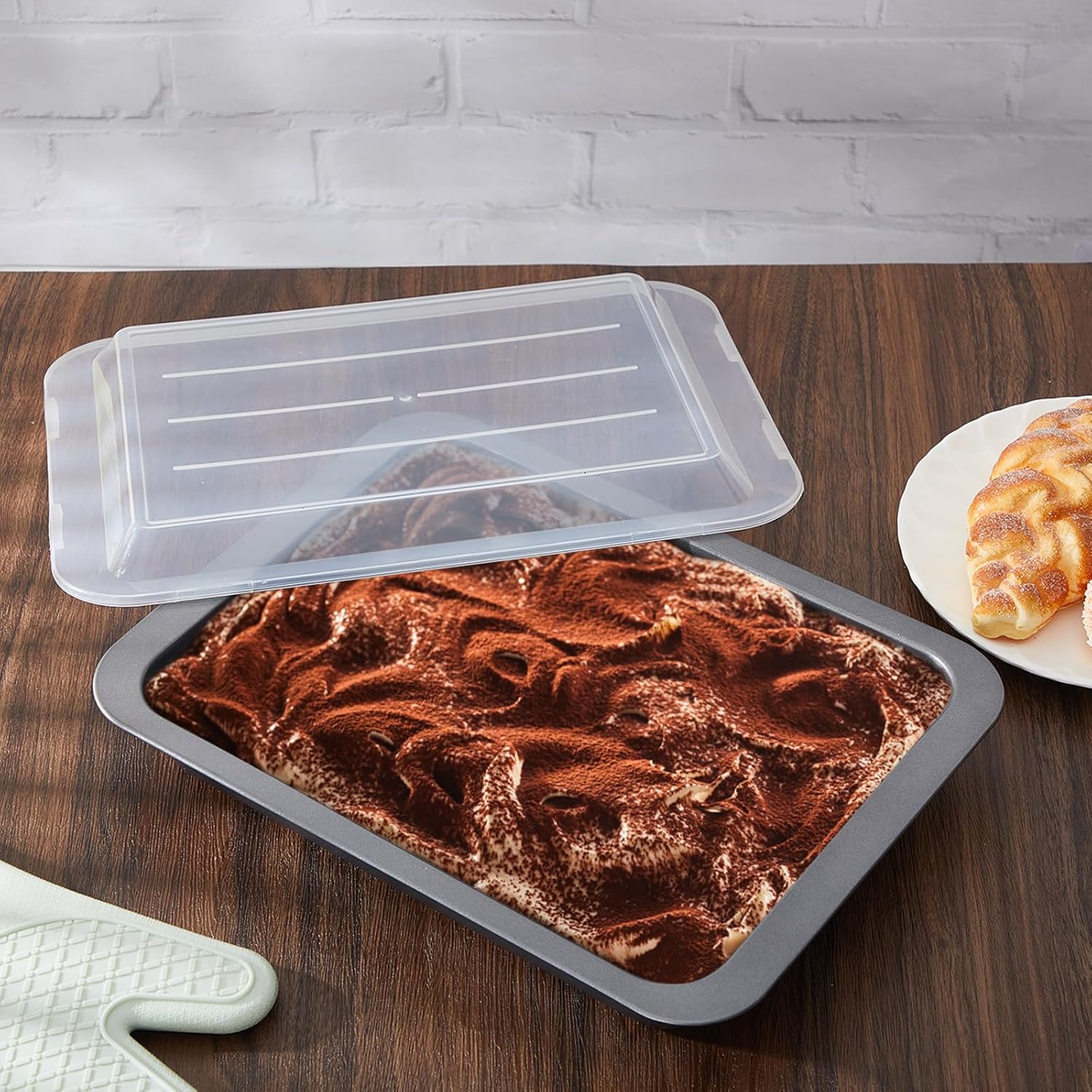 3 Pcs Cake Pan with Lid 9"x13" Baking Pan Nonstick Steel Rectangle Baking Dish for Brownie Cookies Pie Cake Christmas Birthday Party Outdoor Picnics, Gray