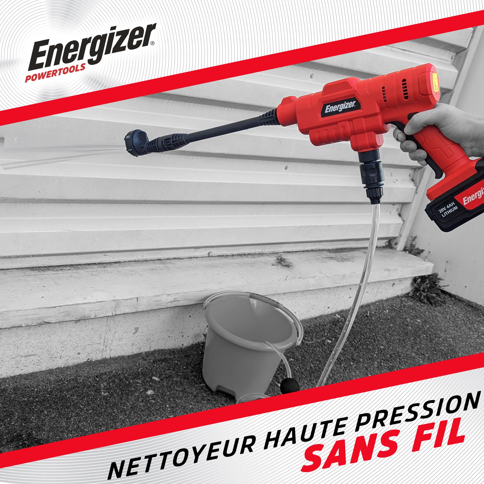 Energizer - Netttoyeur Haute pression Sans Fil 20V Batterie (incluses) - 25 Bar, 6 Réglages de Buse, Débit 3,3L/min, Accessoires inclus(Tuyau Captage 1.5M/Crépine) Entretien Extérieur Balcons Voitures