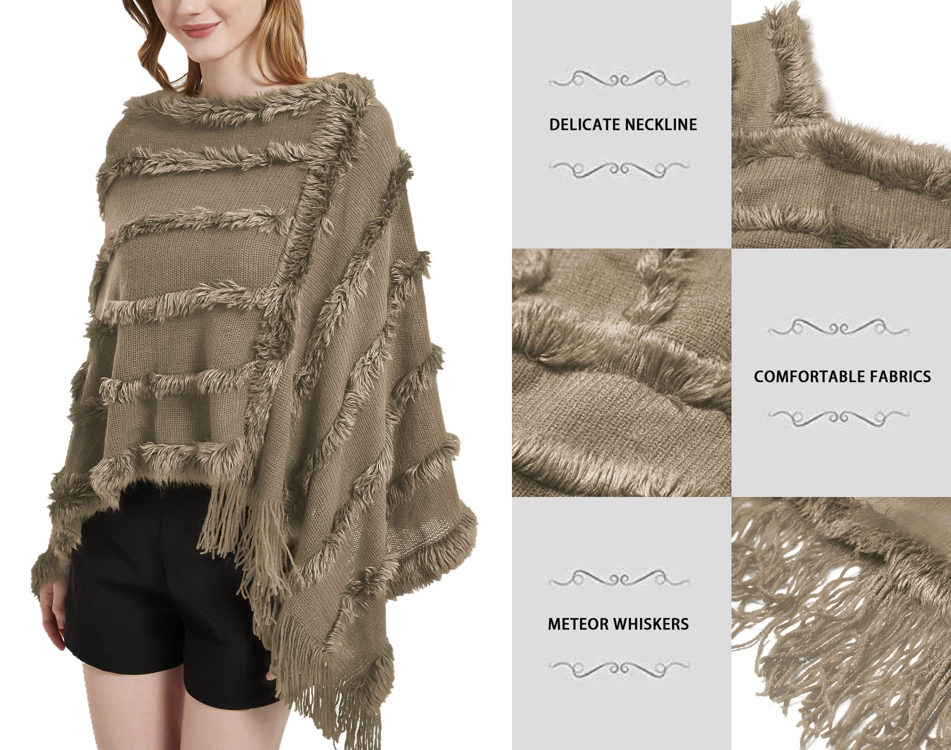 JFAN Poncho Donna Invernale Mantella Scialle in Maglia con Scollo a V Peluche Leggero Coprispalle Donna Elegante
