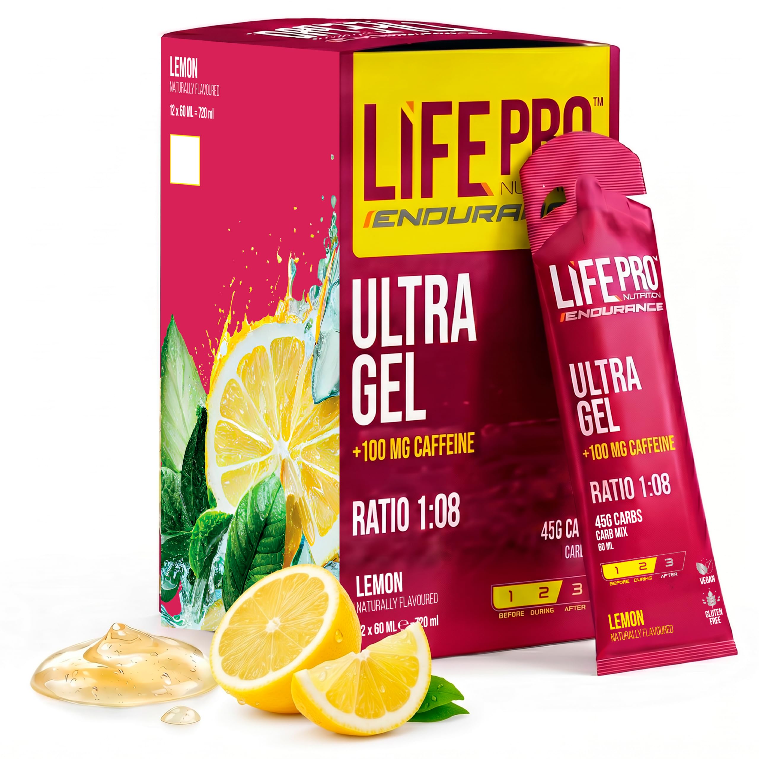 Life Pro Endurance Ultra Gel 1:08 12X60Ml - Gel energetico + caffeina per atleti di resistenza, corridori, ciclisti e triatleti con carboidrati ed elettroliti a rapido assorbimento - Limone