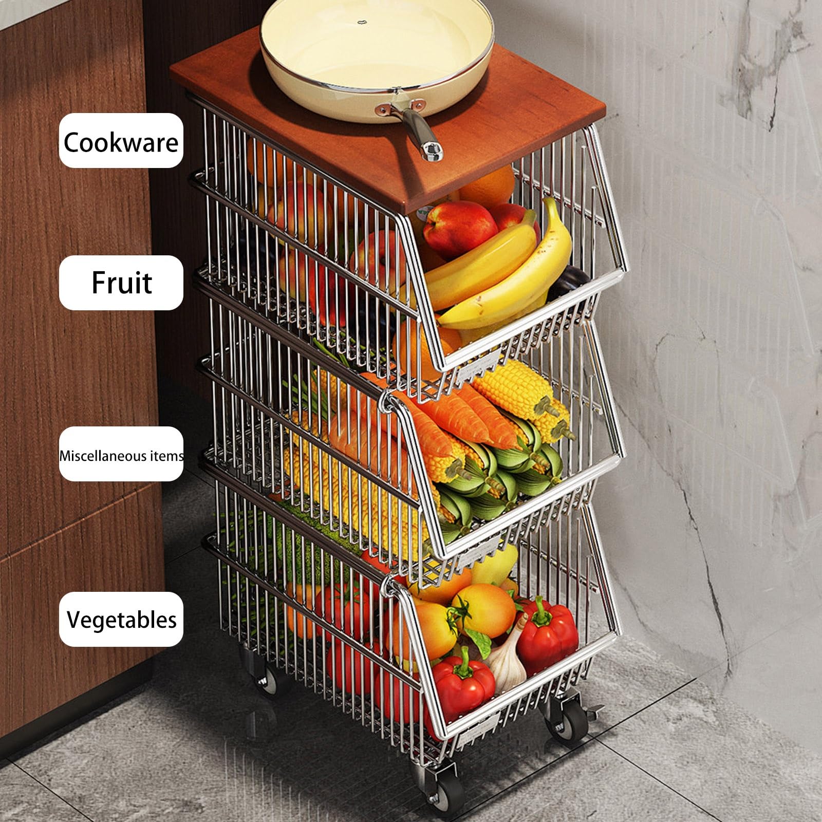 3 Niveaux Paniers En Fil Métallique Avec Roues, Corbeille À Fruits Panier De Fruits Et Legumes Support De Rangement Légumes Et Fruits Panier Rangement Salle De Bain