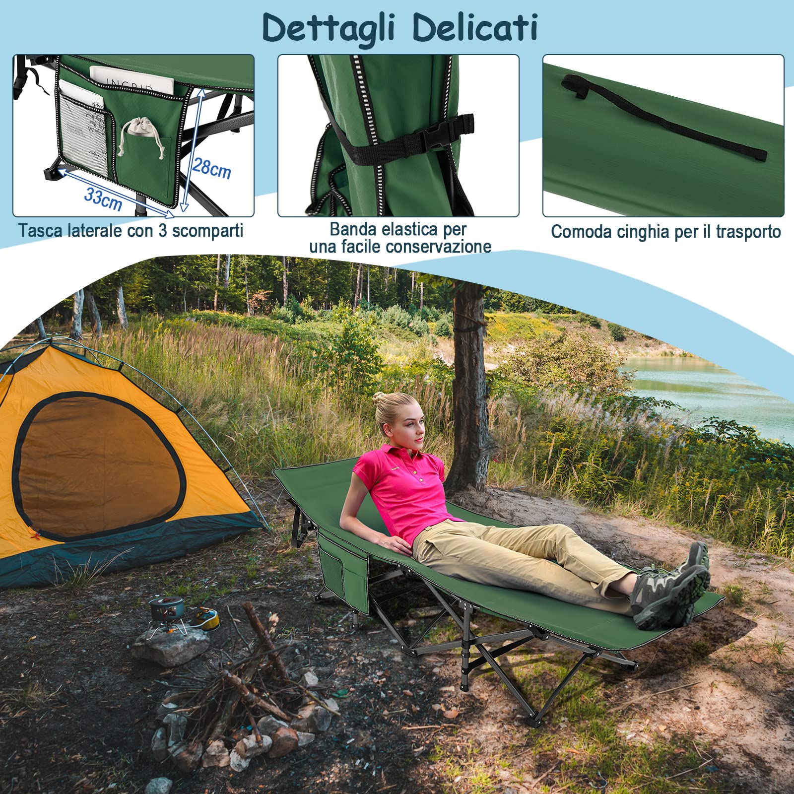 COSTWAY Brandina da Campeggio Pieghevole, Letto Portatile con Poggiatesta Inclinato, Tasca Laterale e Borsa di Trasporto, Branda Campeggio per Backpacking, Ospiti e Pesca, Portata 272 kg