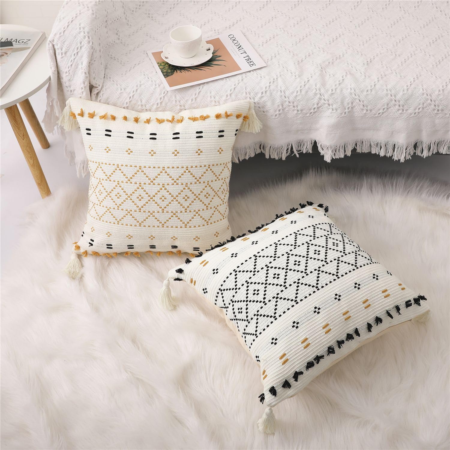 Copricuscini, federa decorativa quadrata 1/2 pezzi Federe for cuscini intrecciati Boho Copricuscini decorativi con nappe nere 45x45 /30x50 cm Copricuscino lombare da ufficio for divano da interno(Tass