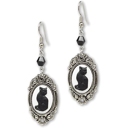 Black Cat Cameo In Silver Finish Frame Dangle Earrings with Black Bead