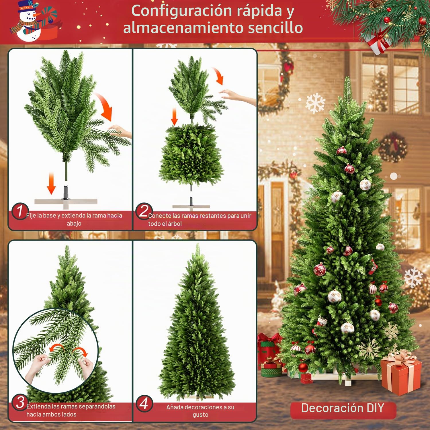 UISEBRT Árbol de Navidad artificial con iluminación, árbol de Navidad artificial con soporte de madera, árboles de Navidad artificiales con ramas y LED de color blanco cálido, para interior y exterior