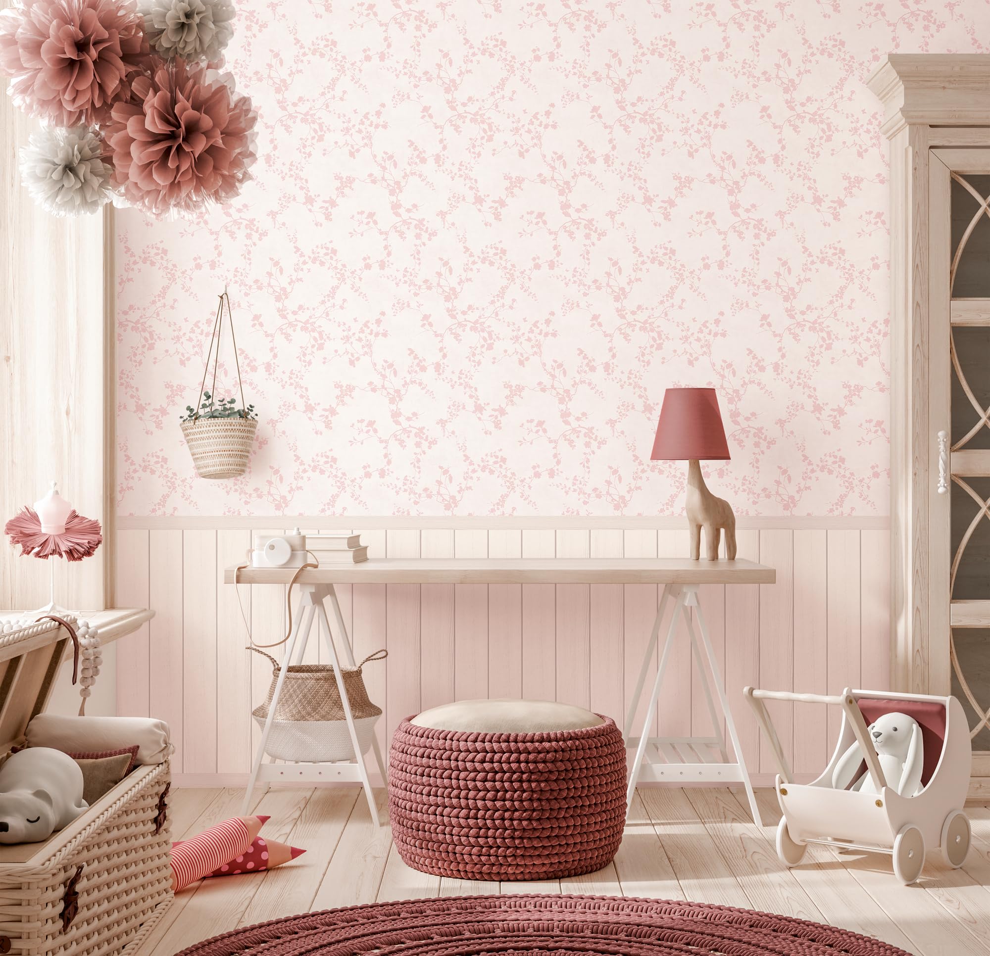 A.S. Création papier peint intissé à motif pour enfants en crème, rosé – papier peint avec branches 8,80 x 0,53 m – 770751