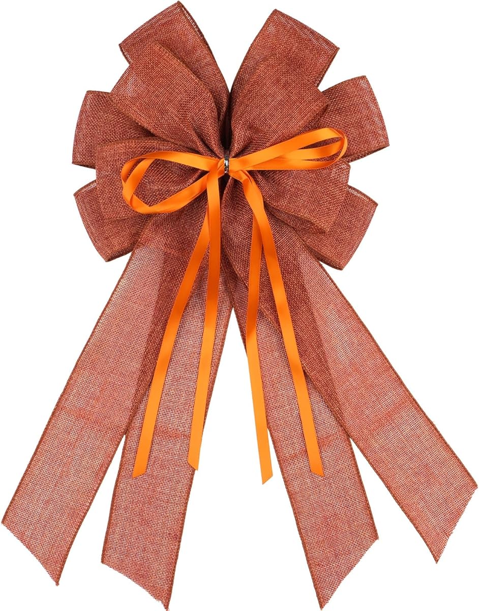 YKW Large Maple Orange Burlap Bow for Wreath 20x11 Inch - Fall Autumn Front Door Decor Tree Topper Thanksgiving Halloween Decorations Indoor Outdoor Ornaments