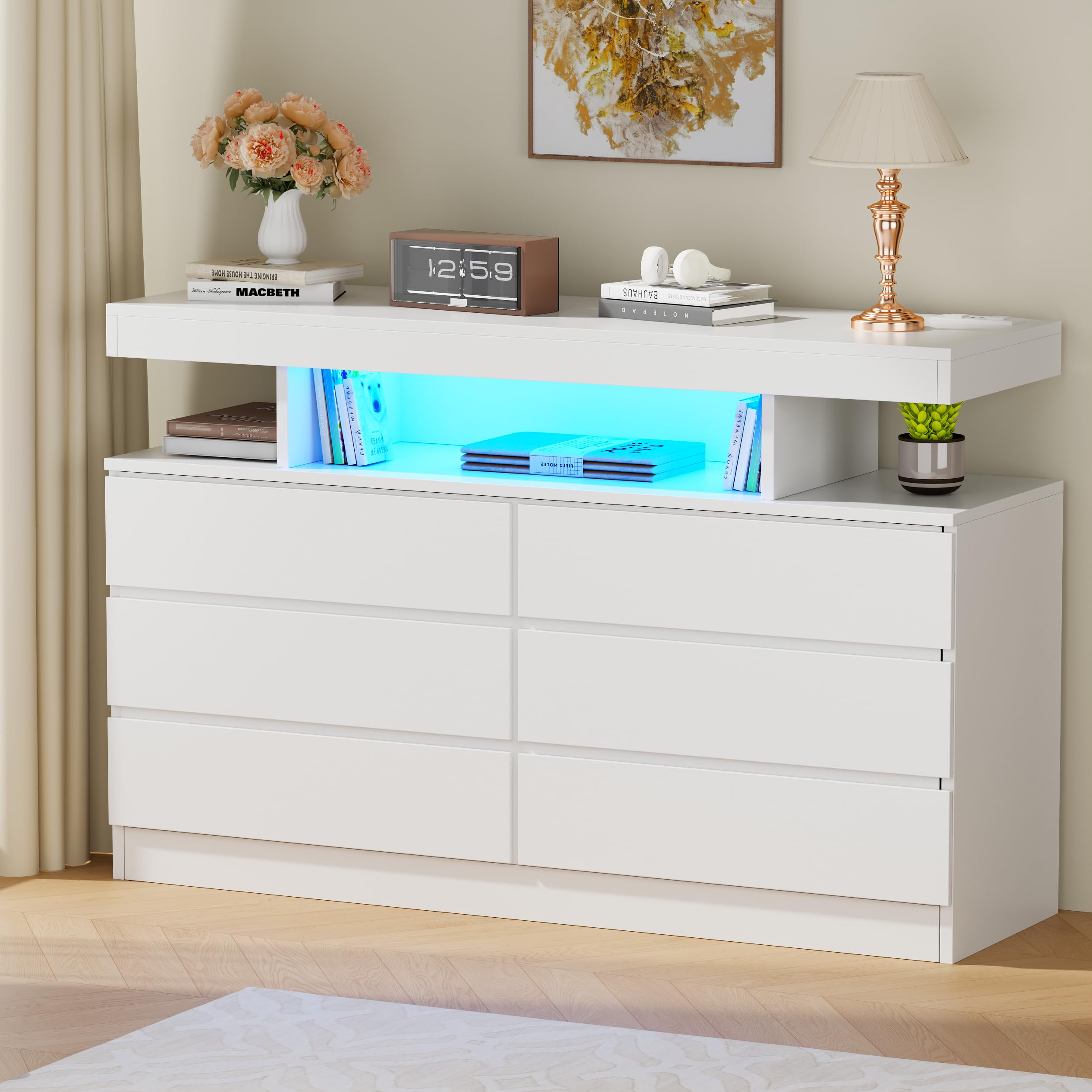 BEWISHOME White Dresser for Bedroom with Charging Station and LED Lights, Wood 6 Drawer Dresser TV Stand with Open Space, Modern Wide Dressers Chest of Drawers for Closet, Living Room, White KCG02W