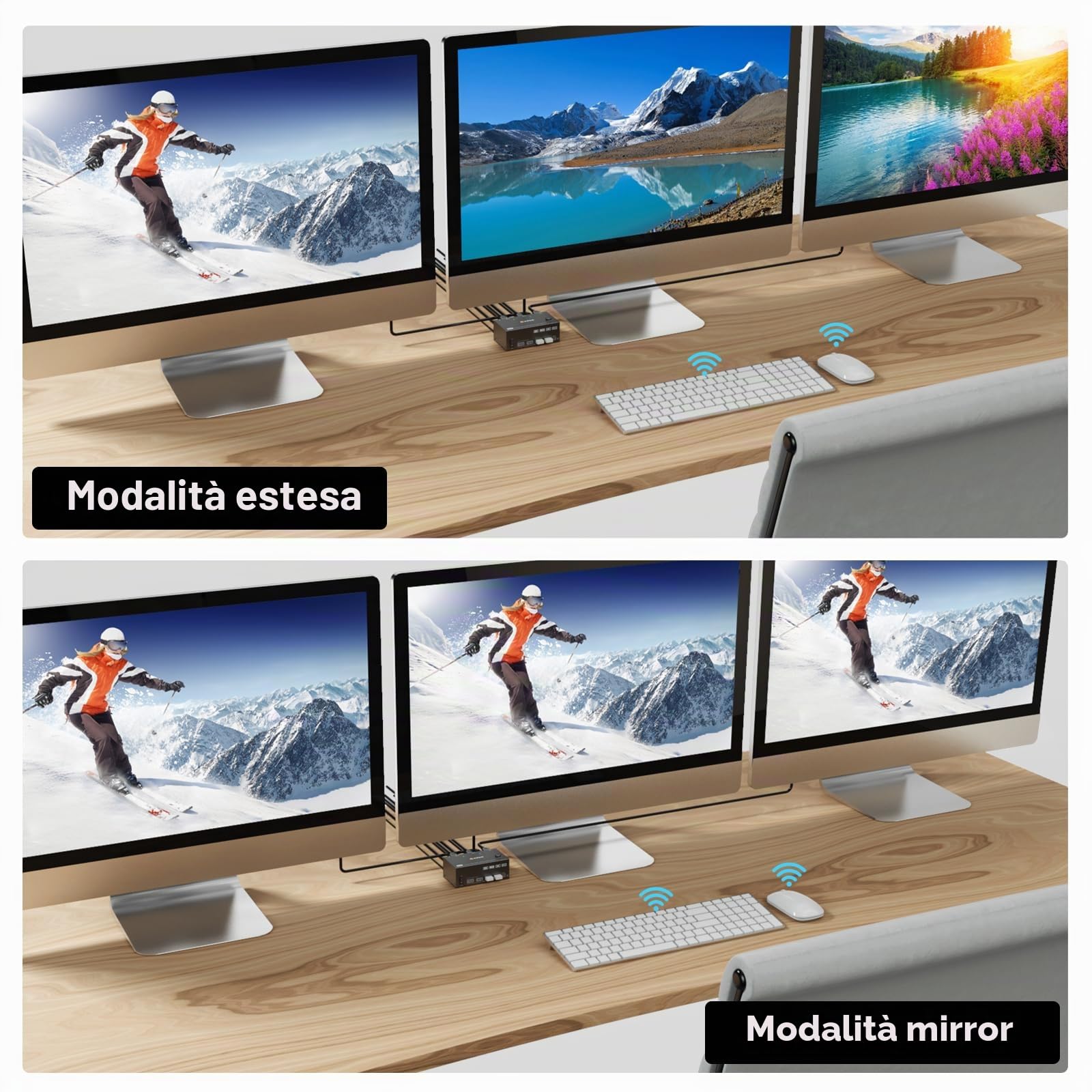 KVM Switch 2 PC 3 Monitor 8K@60Hz / 4K@144Hz, Displayport 1.4 HDMI 2.1 USB 3.0 KVM Switch Triplo Monitor per 2 PC Condividi Mouse e Tastiera, Wired Remote(8K HD DP 2 in 3 out)