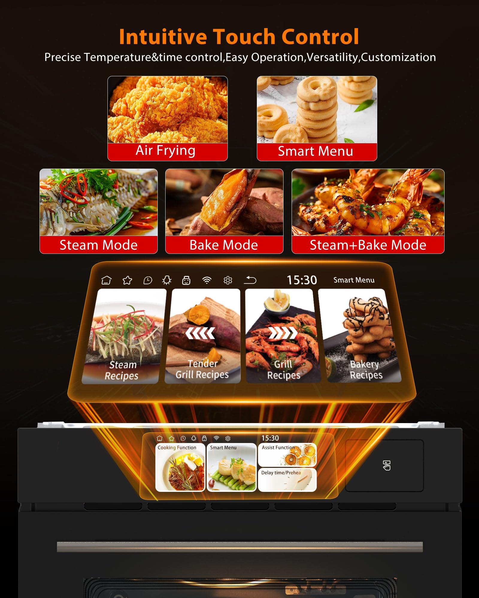Horno de pared individual de 2.5 Cu.f, horno eléctrico de pared simple integrado de 24 pulgadas con pantalla táctil Tft (8 modos de cocción, 108 recetas inteligentes), horno integrado de convección de 2