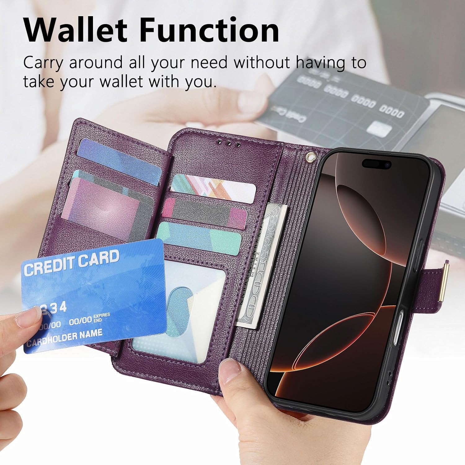 for iPhone 17 Wallet Case,PU Leather Flip Cover with Card Slots Kickstand Zipper Coin Pocket,Floral Embossed PU Leather Protective Cover Purse for Women Girls 6.3 Inch Deep Purple - Image 6