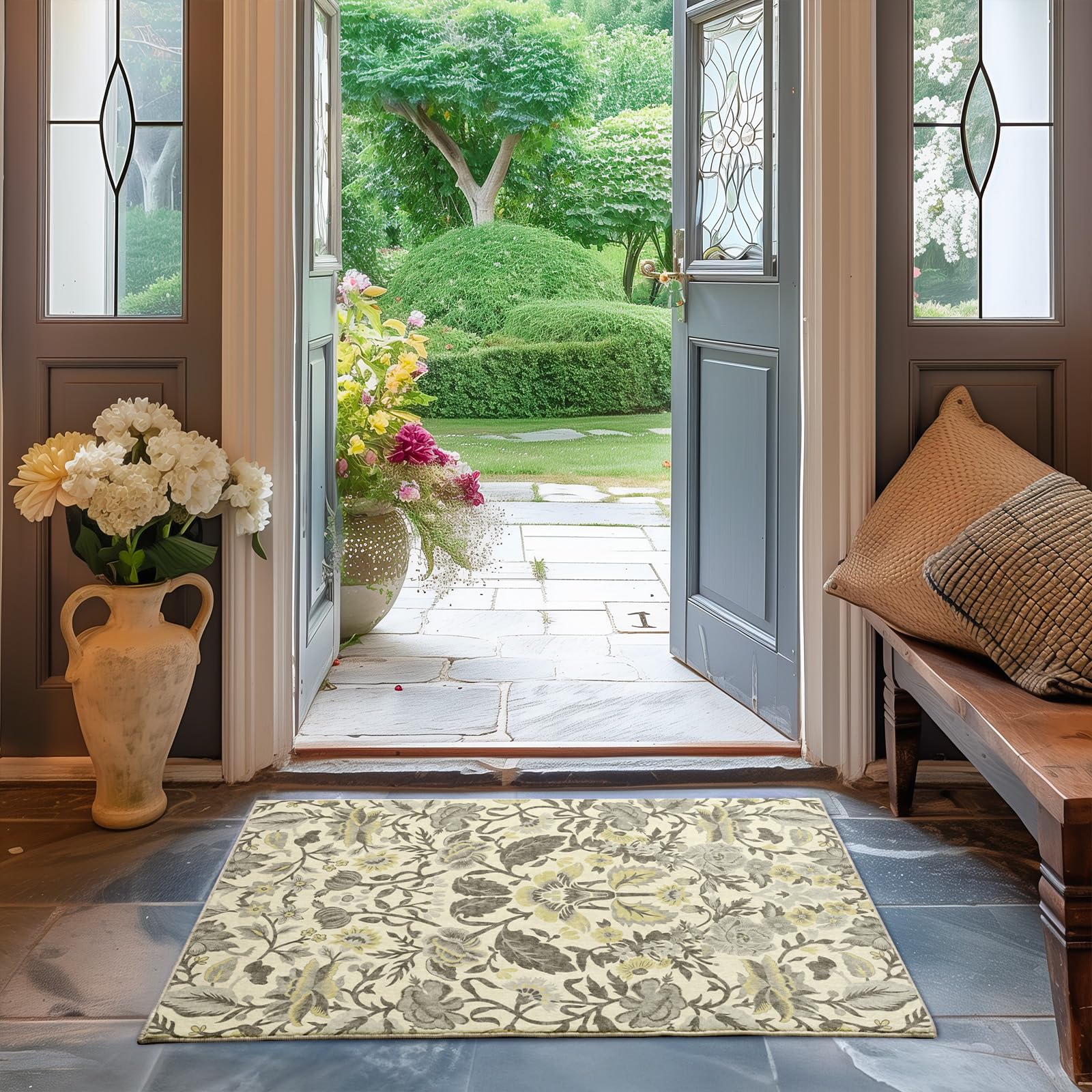 EVERGRACE Area Rugs for Entryway 2x3, Boho Floral Faux Wool Indoor Outdoor Small Rugs, Washable Rugs for Bedroom Bathroom Laundry Doormat, Low Pile