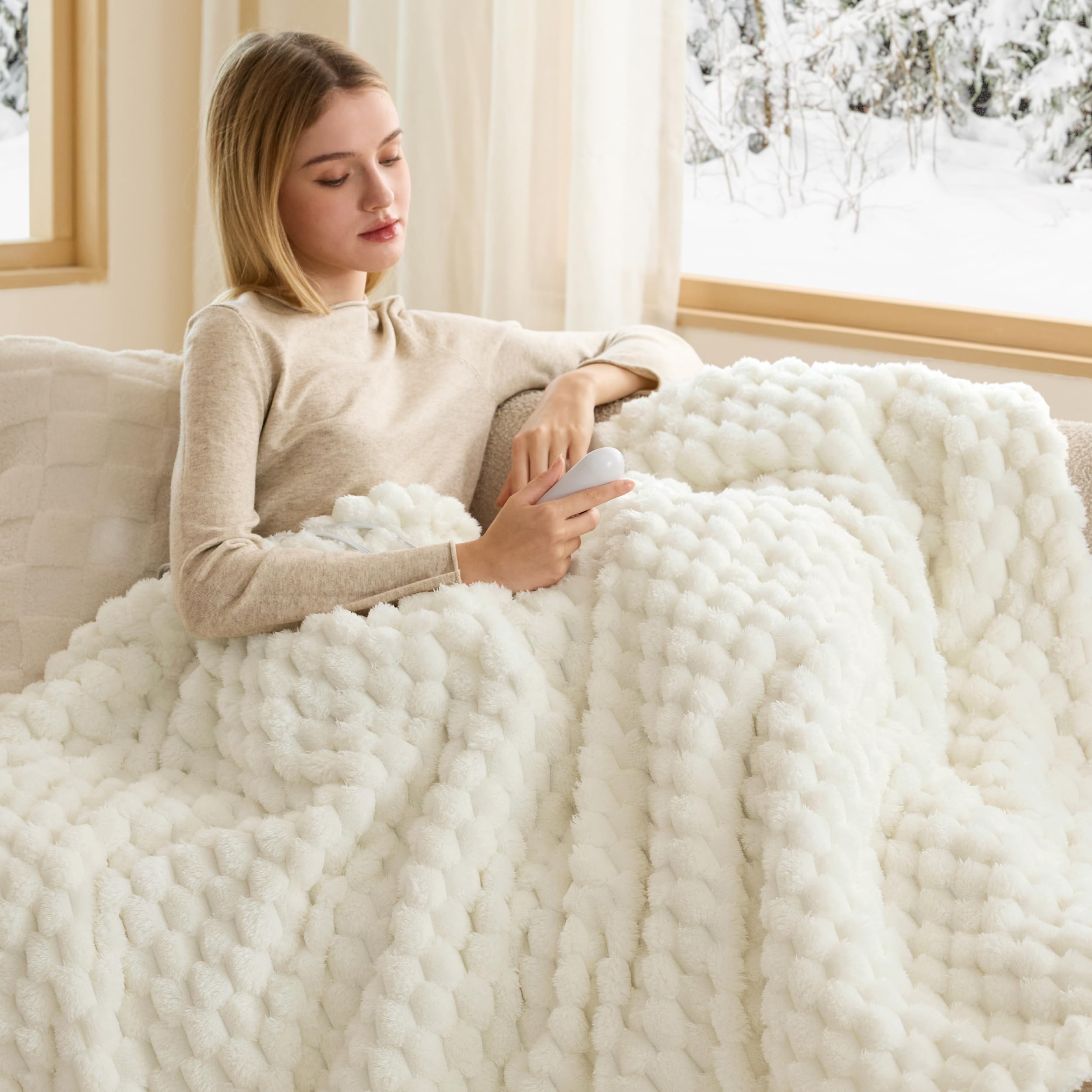 Bedsure Heated Blanket Throw, Coconut White Bubble Shaped Electric Blanket