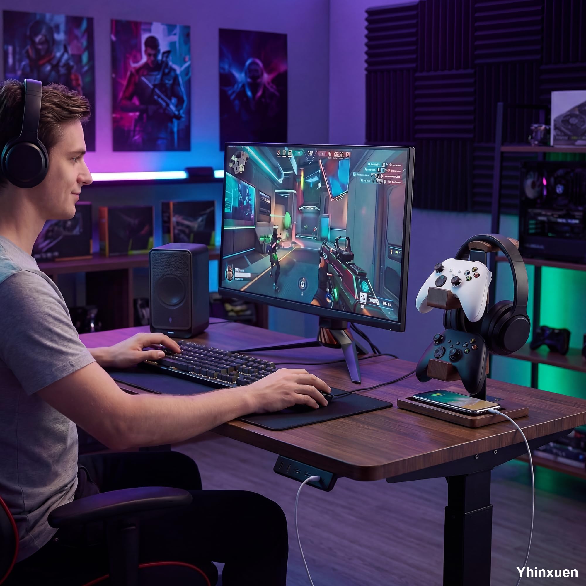 Massivholz Gaming Controller Halter Kopfhörer Ständer 2-in-1 doppelstöckig Aufbewahrungsregal