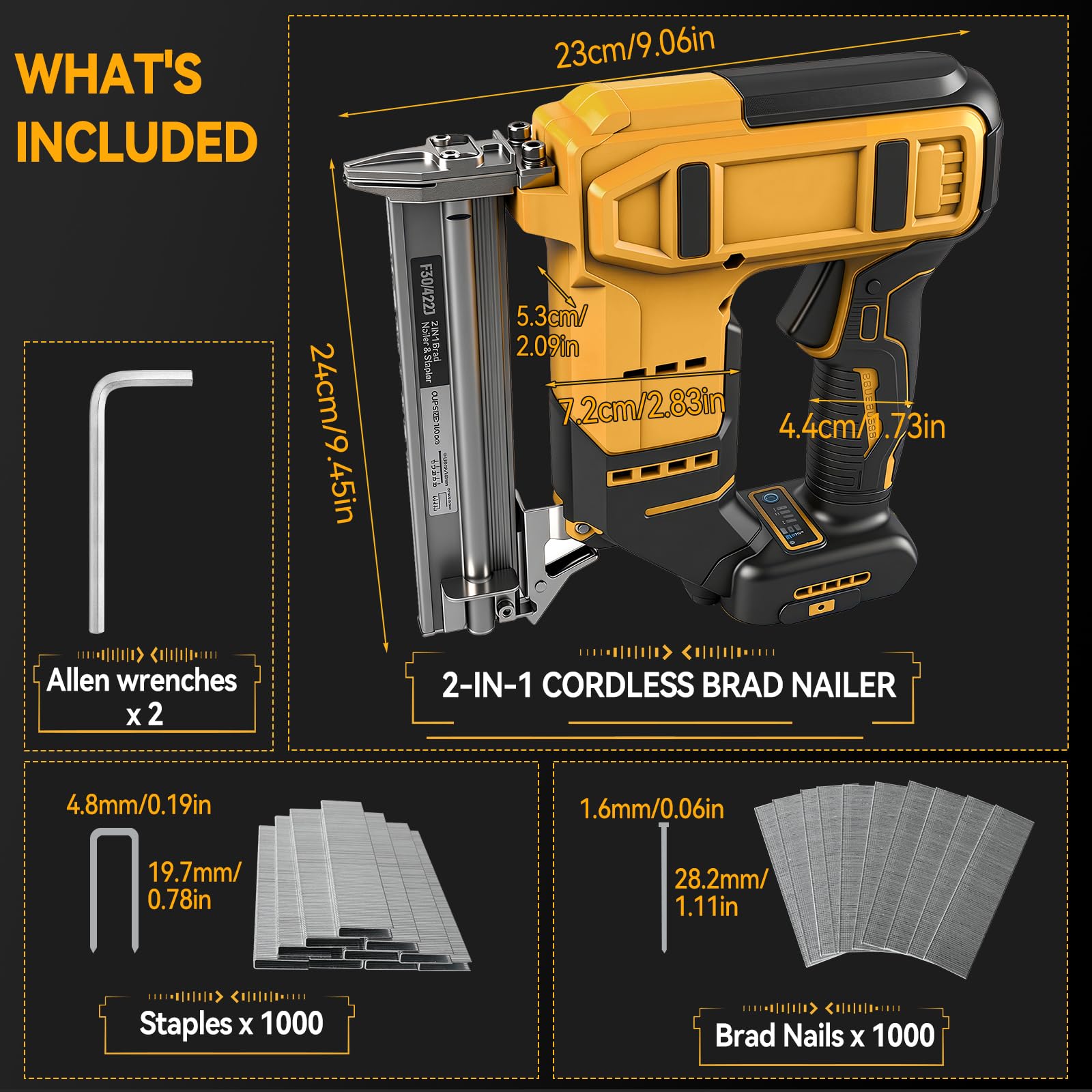 Clavadora de brads inalámbrica de 18GA compatible con batería Dewalt 20V MAX, clavadora de corona estrecha sin escobillas con 1000 clavos y 1000 grapas para bricolaje, DIY y carpintería