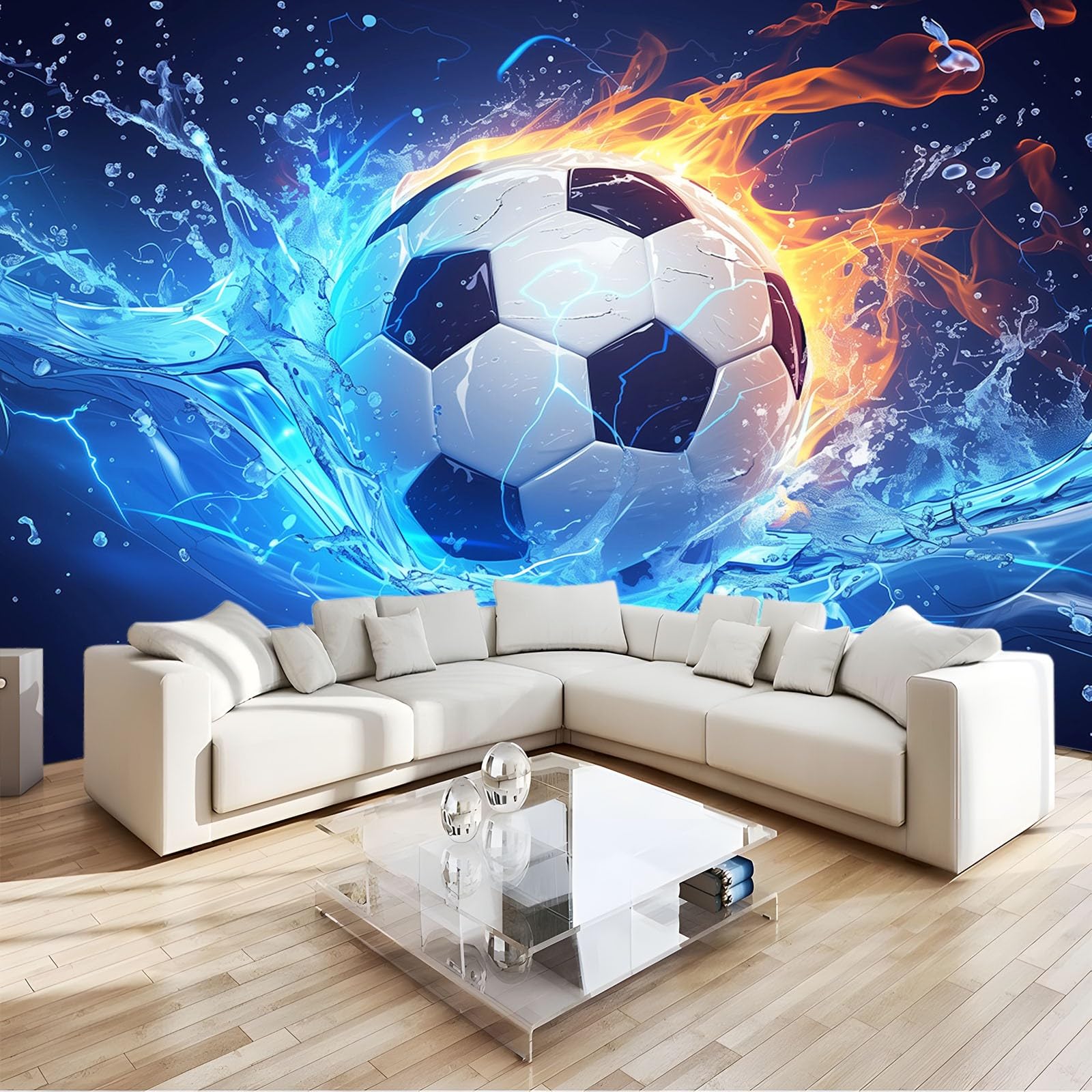 Tapete 3D Fototapete Wasser-Feuer-Fußball 250x175 cm Vliestapete Wandtapete Wandbilder 3D Druck Foto Tapeten für Wohnzimmer Schlafzimmer Vlies Tapete Motivtapeten