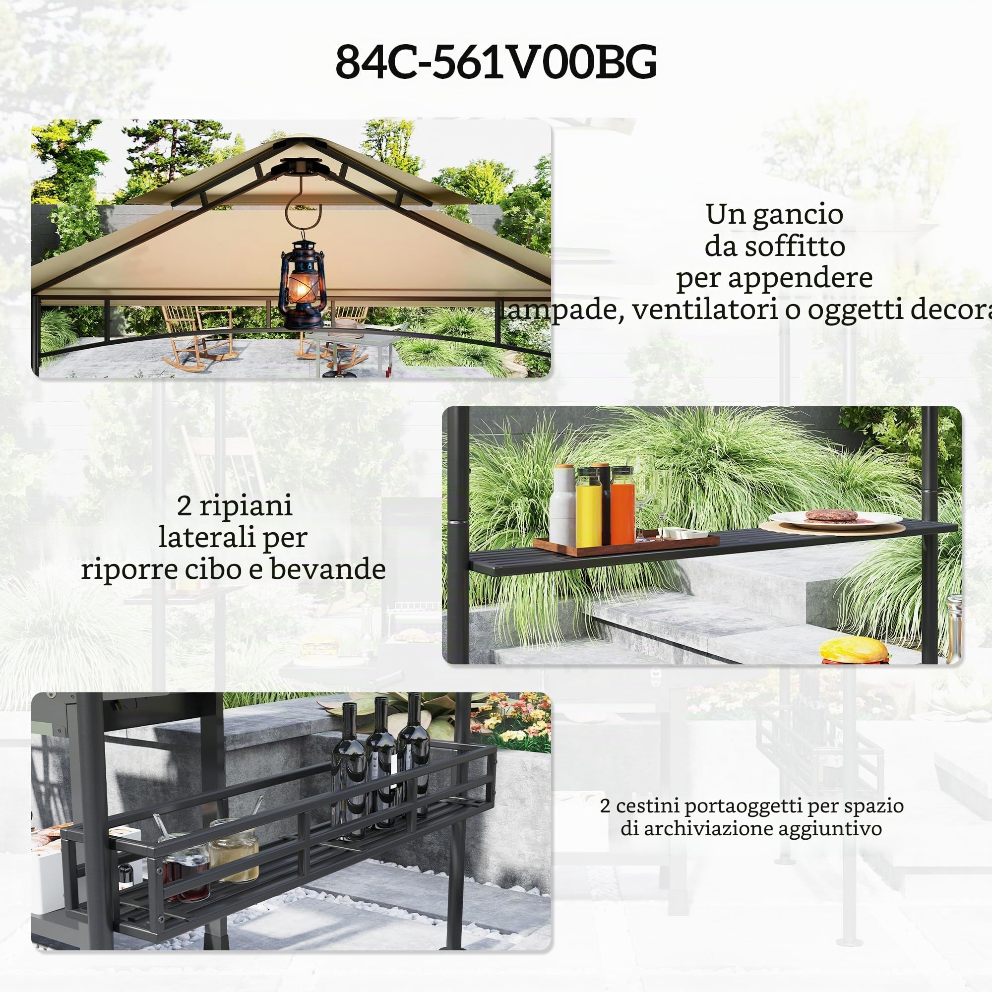 Outsunny padiglione per barbecue 240 x 150 x 257 cm padiglione da giardino ignifugo e impermeabile con doppio tetto, rastrelliere laterali, pergolato da giardino con protezione UV, padiglione per