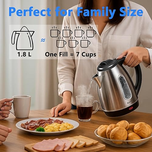 Miniatura 5 de Hervidor eléctrico de acero inoxidable, 1.8 litros, tetera y hervidor de agua caliente, base giratoria de 360, sin BPA, apagado automático, a prueba