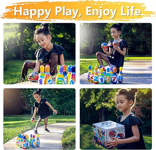 Miniatura 8 de iPlay, iLearn Juego de juguetes de bolos para niños, juego de actividades para interiores y exteriores, juego de 10 pines de espuma suave y dos