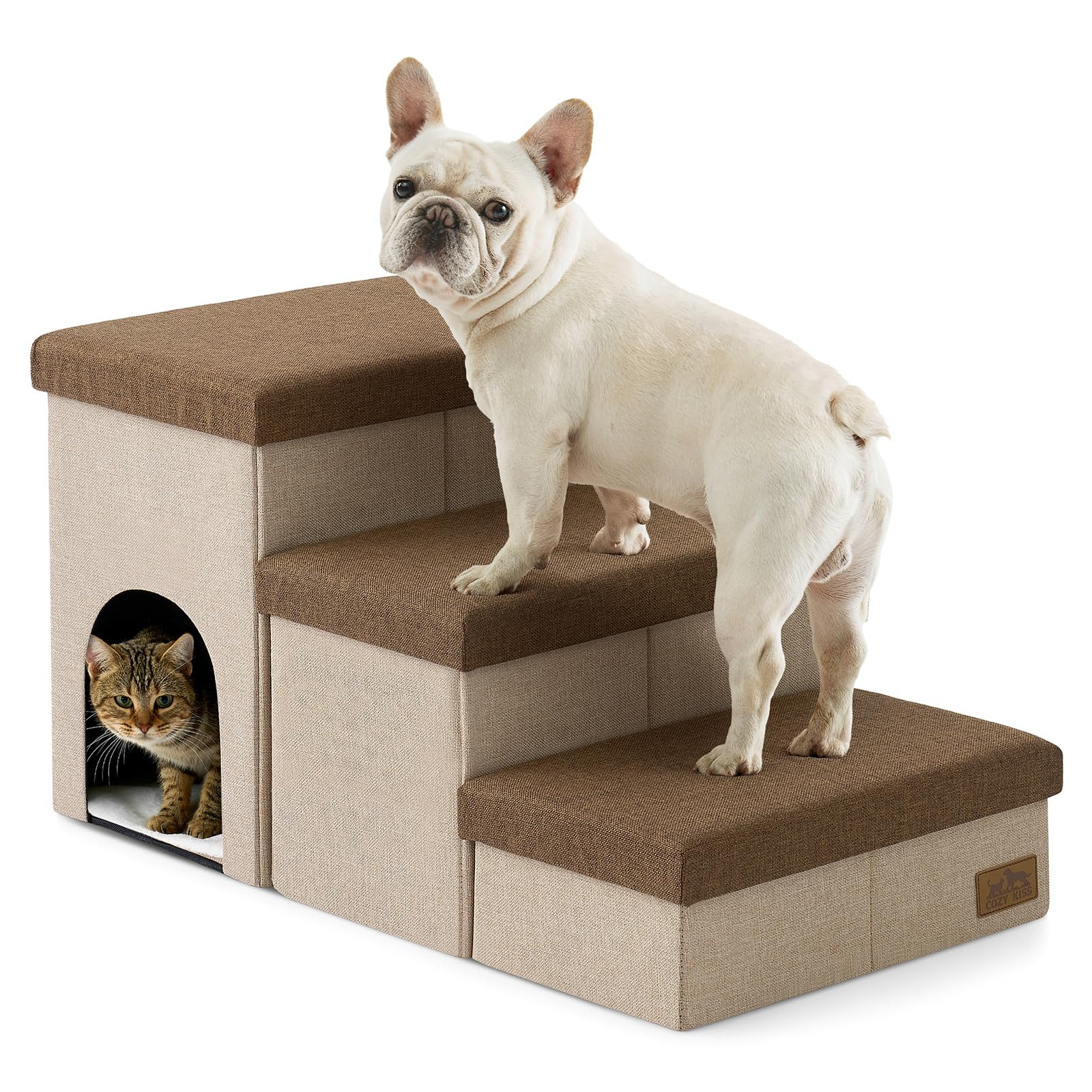 COZY KISS Dog Stair for Small Dogs with Storage, Foldable Pet Step with Leakproof Cover, Older Cat Ramp for Chair Couch Sofa, Lightweight, Comfort (Brown, Condo(83x43x43cm), 3) — image 1