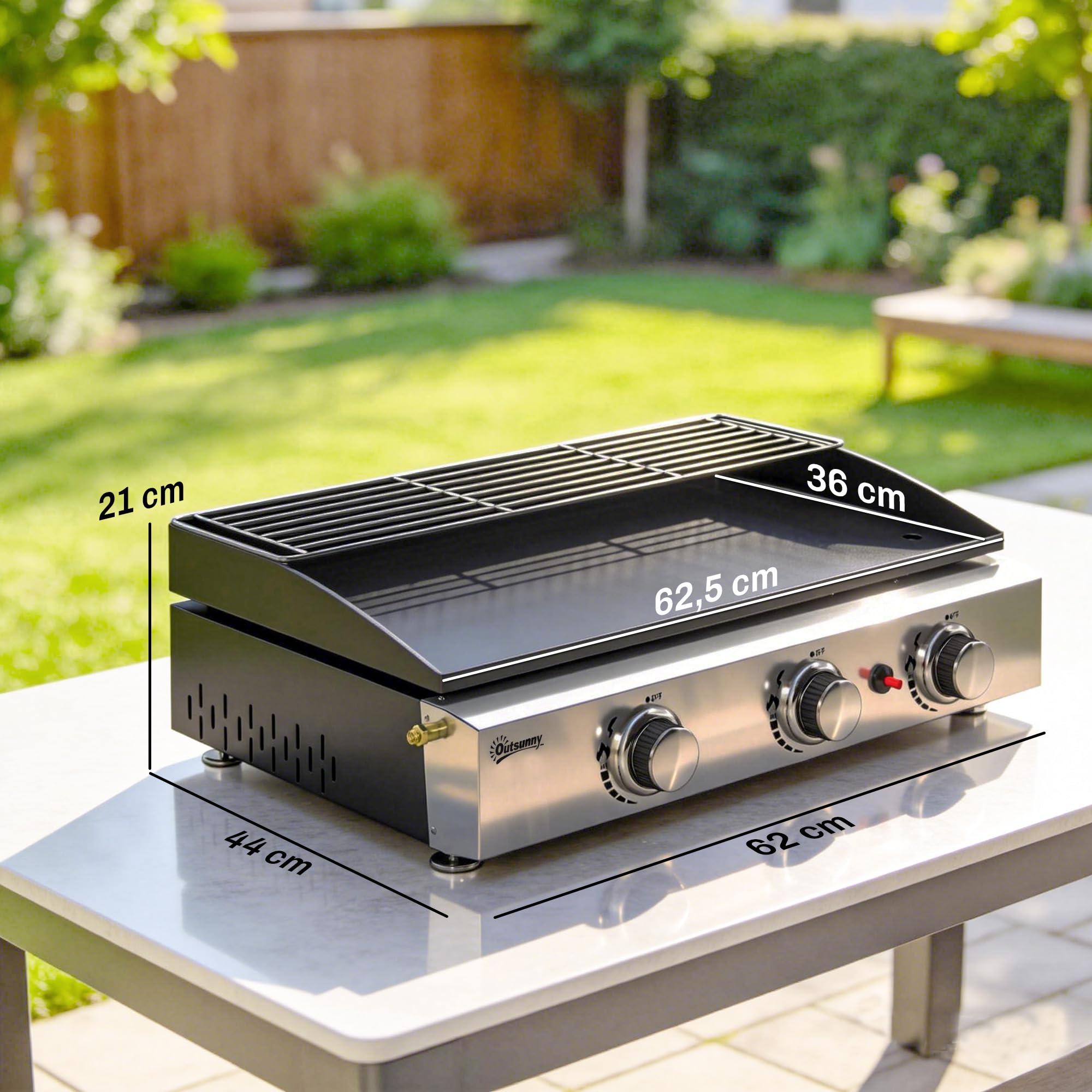 Outsunny Plancha Gaz Extérieur 3 Brûleurs en Acier Inoxydable 7,5 kW, Noir | Plaque Émaillée Anti-Chaleur Facile à Nettoyer, Barbecue de Table, Grille de Maintien au Chaud