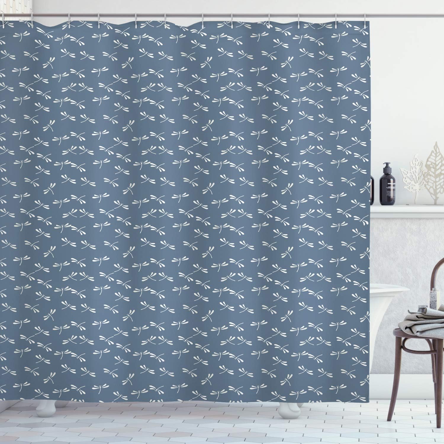 Ambesonne Dragonfly Shower Curtain, Tropical Wildlife Pattern Japanese Style Oriental Nature Inspired Pattern, Cloth Fabric Bathroom Decor Set with Hooks, 69" W x 70" L, Slate Blue