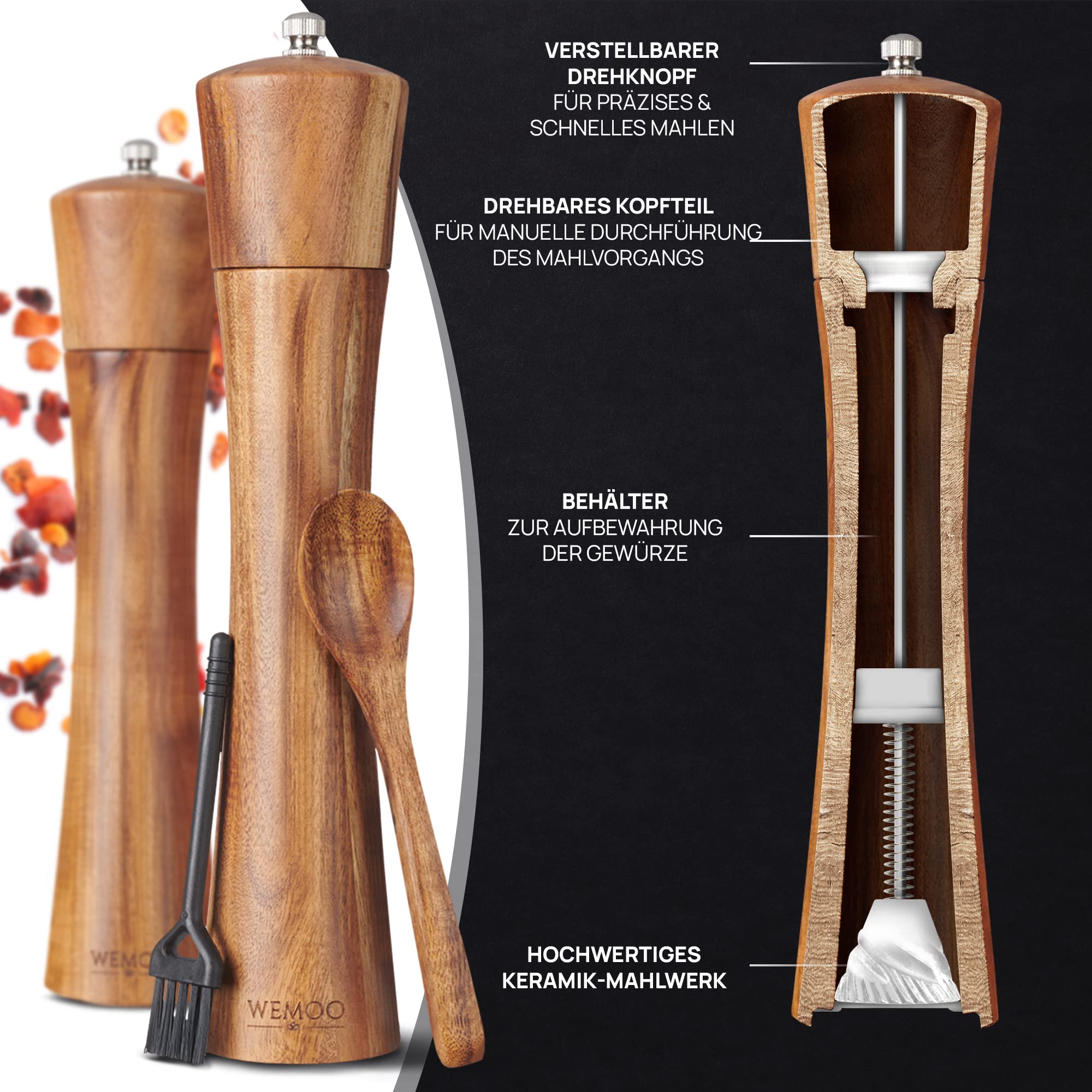 Młynek do soli i pieprzu z drewna, bardzo duży (25,5 cm), młynek do przypraw z wytrzymałym ceramicznym mechanizmem mielącym, dodatkowa łyżka do napełniania i pędzel do czyszczenia, zestaw z