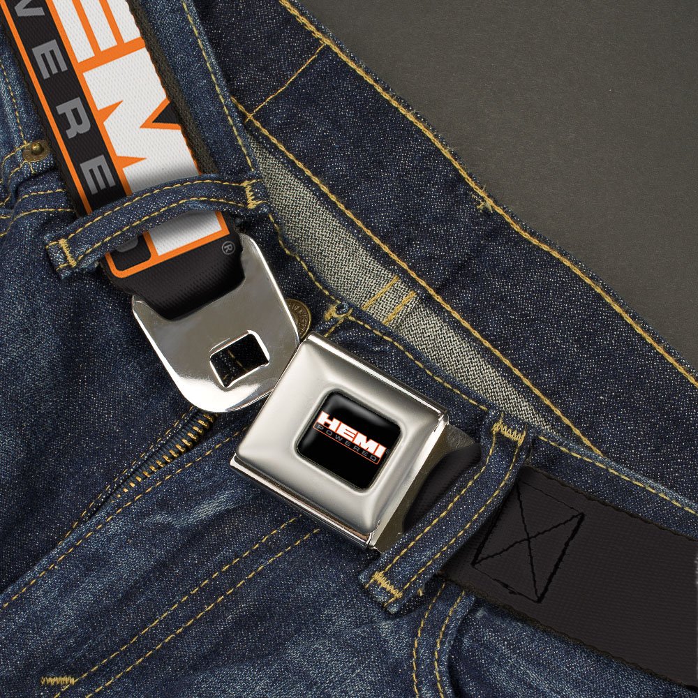 Hemi Belt, Seatbelt Buckle Belt, Hemi Powered Logo Repeat Black Orange White Gray, 44 to 63 Inches