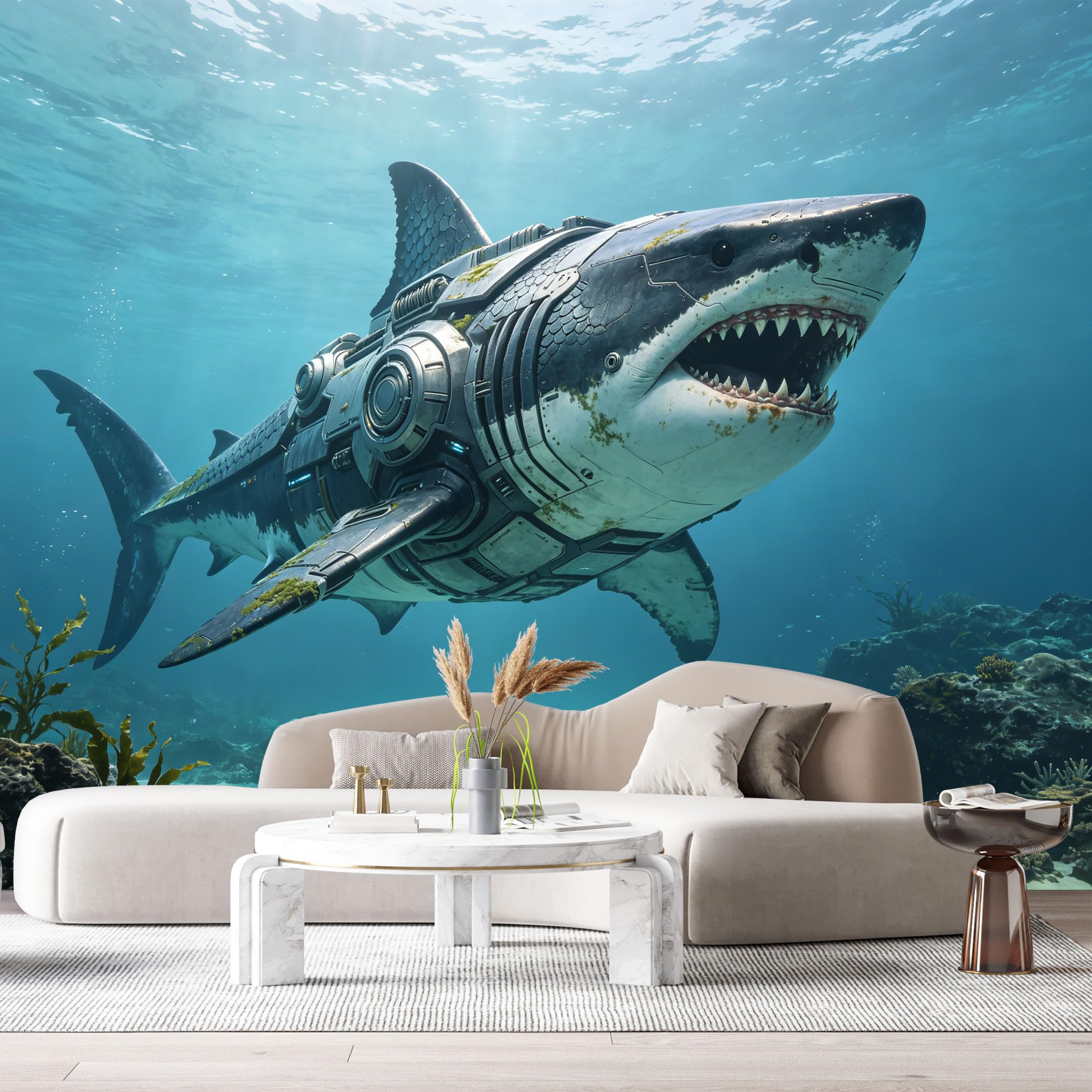 Custom Size Wall Mural Mechanical Aquatic Predator Mech Ocean SciFi Underwater Steel Futuristic Submarine Robot SelfAdhesive Art Prints Removable Large Wallpaper Esports Game Room Studio