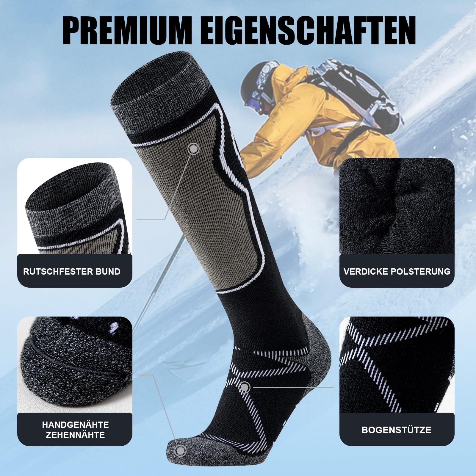 Effeet 2 Paia Calze da Sci in Lana Merino per Uomo Donna, Calze Termiche Calde e Morbide per Inverno, Calzini Lunghe con Imbottitura per Snowboard, Sci, Caccia e Escursioni