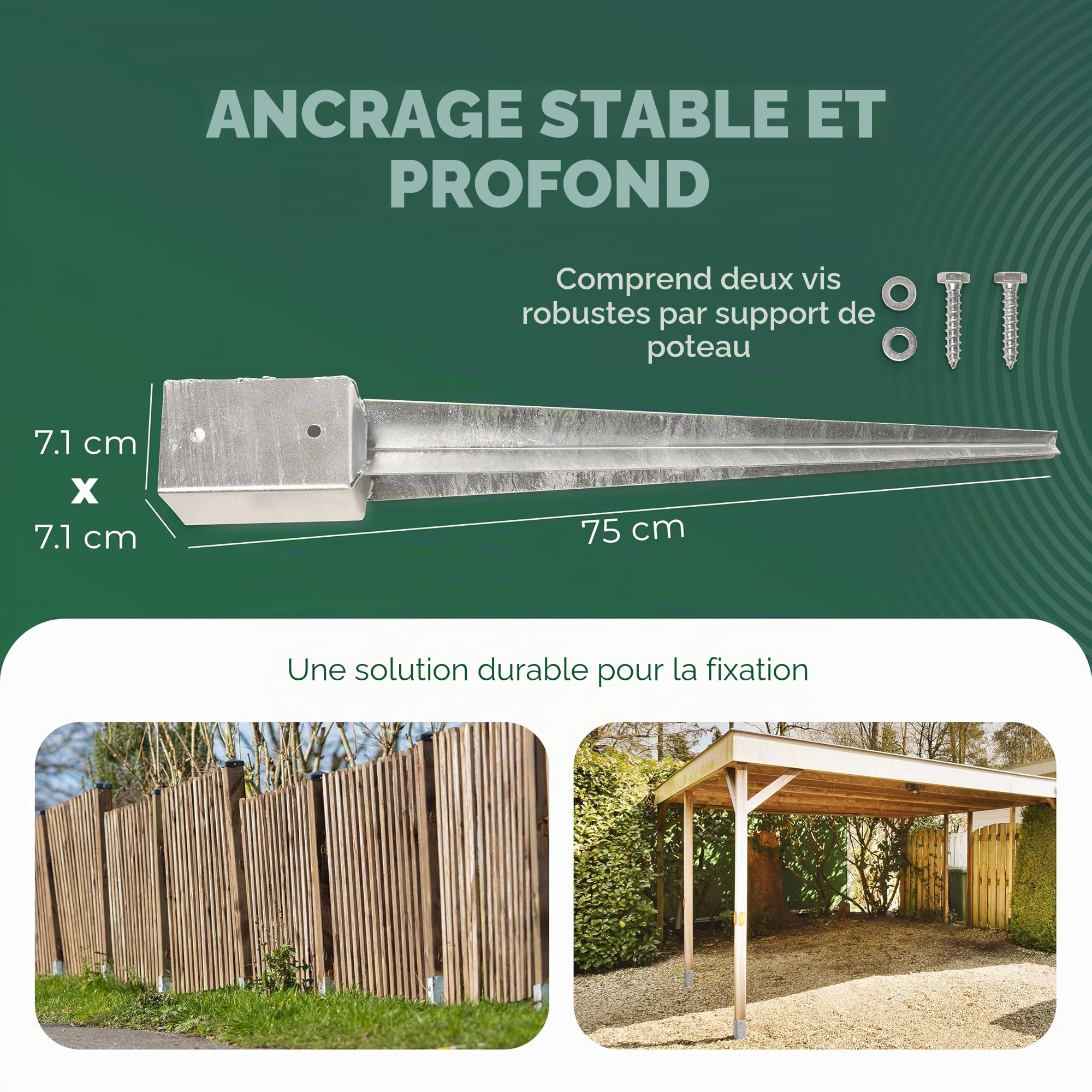 Novatool Lot de 6 douilles de sol à enfoncer 71 x 71 x 750 mm - Douille de sol - Support de poteau - Poteaux en bois - Douille à enfoncer - Piquet à enfoncer - Galvanisé - Avec vis