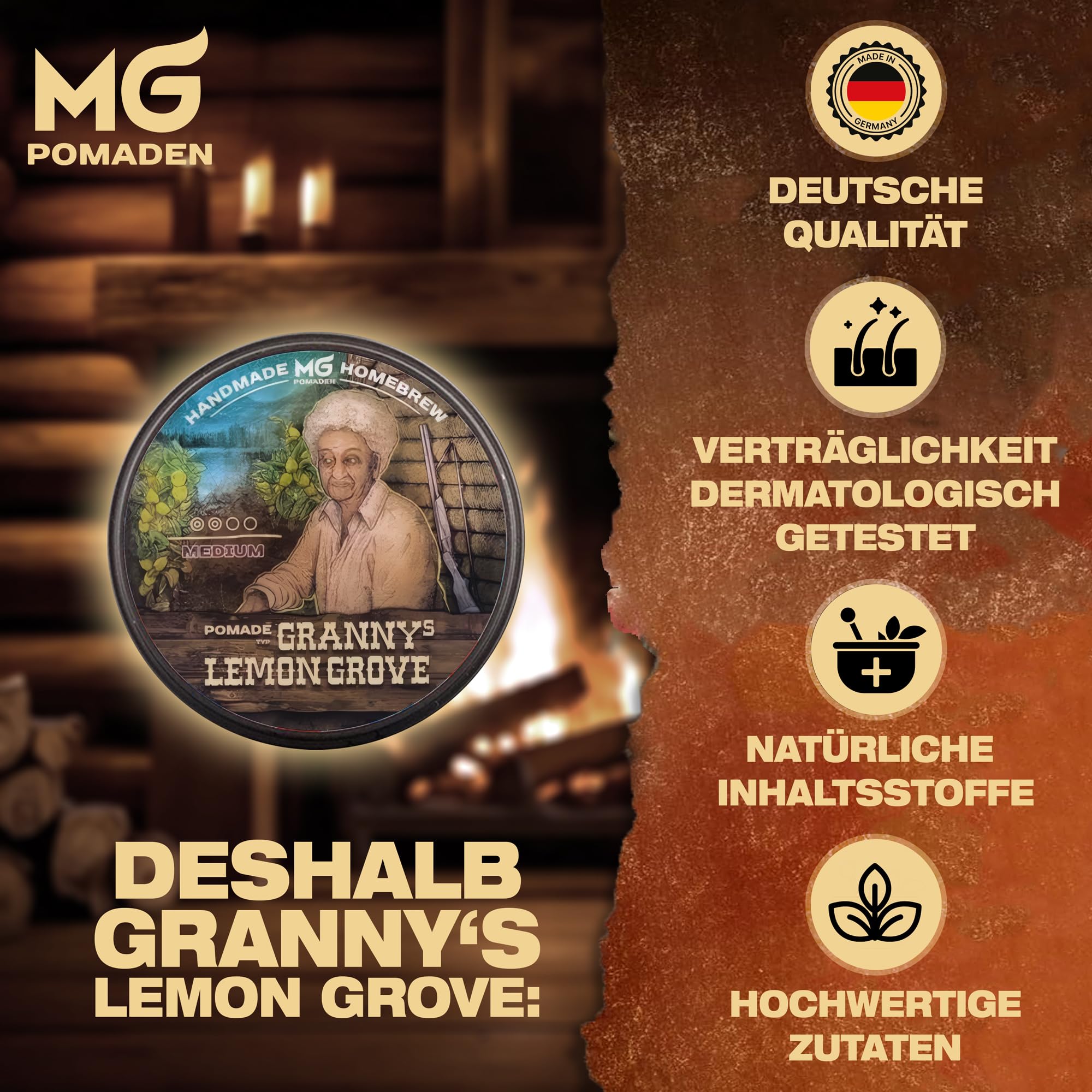 MG Pomade GRANNY’S LEMON GROVE – Pomade huileuse brillante – Tenue moyenne – Cire coiffante naturelle cheveux homme femme – Finition brillante, coiffage classique - parfum citron frais