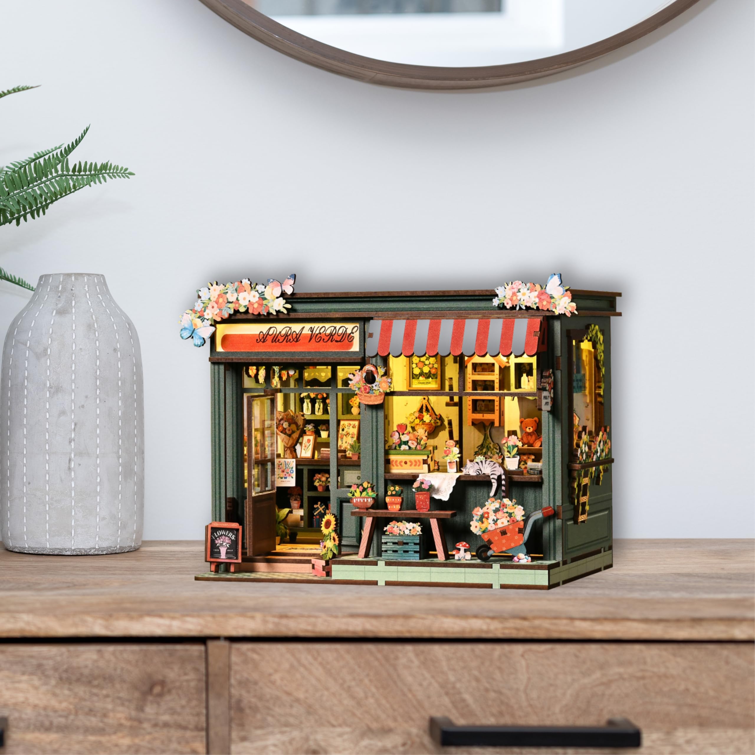 DIY Book Nook Kit mit LED-Lichtern - 3D-Holzpuzzles für Erwachsene (Aura Verde Blumenzimmer)