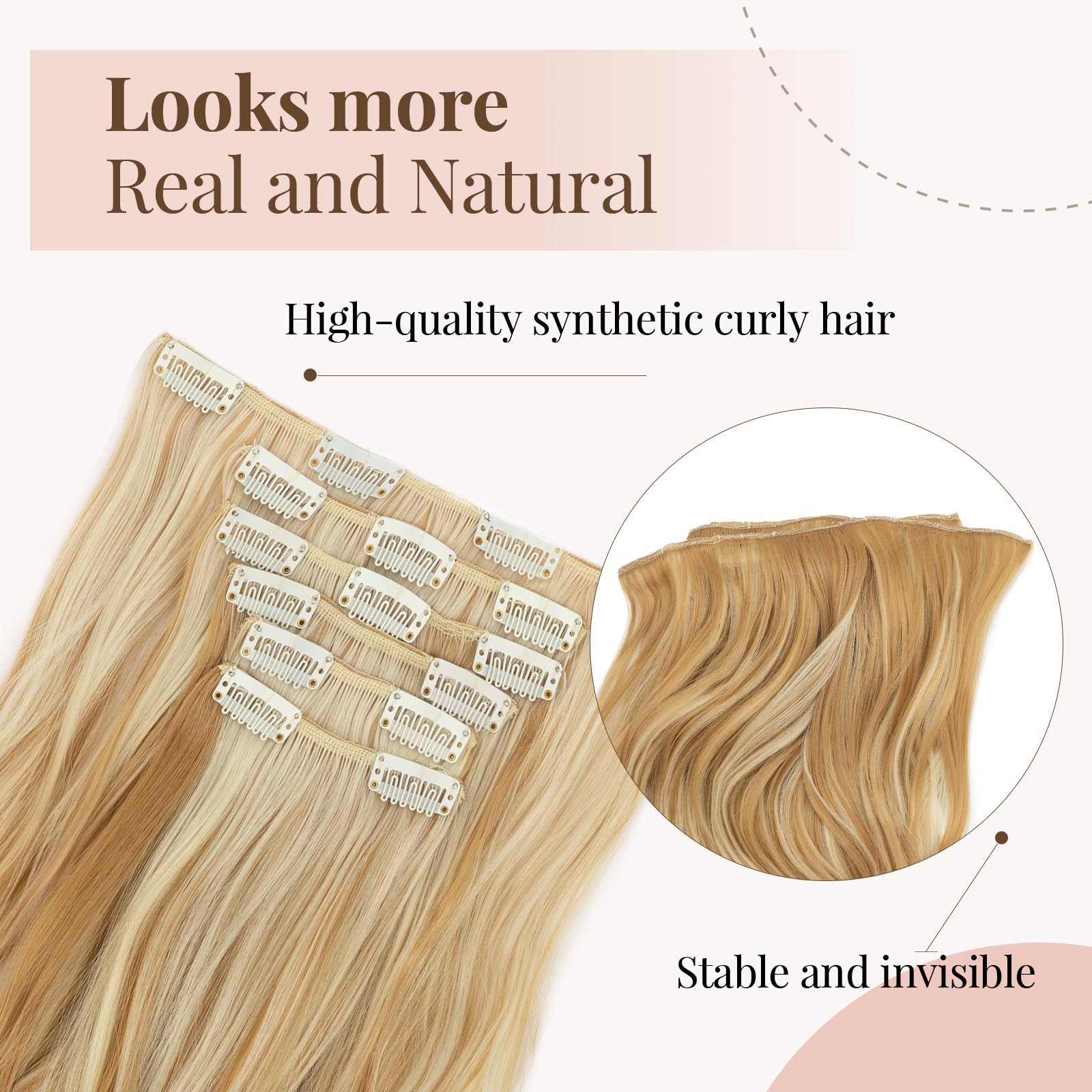 TESS Blonde Curly Hair Extensions Clip in 22 Inch 6PCS 16 Clips Heat Resistant Synthetic Wig Tangle-Free Double Weft Hair Pieces for Women UK 150g #27H613 Balayage Dark Blonde & Bleached Blonde - Image 2