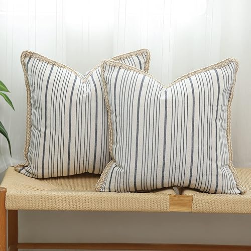 Miniatura 8 de Kiuree Juego de 2 fundas de almohada de granja de 16 x 16 pulgadas cuadradas negras y beige fundas de almohada decorativas de lino con borde