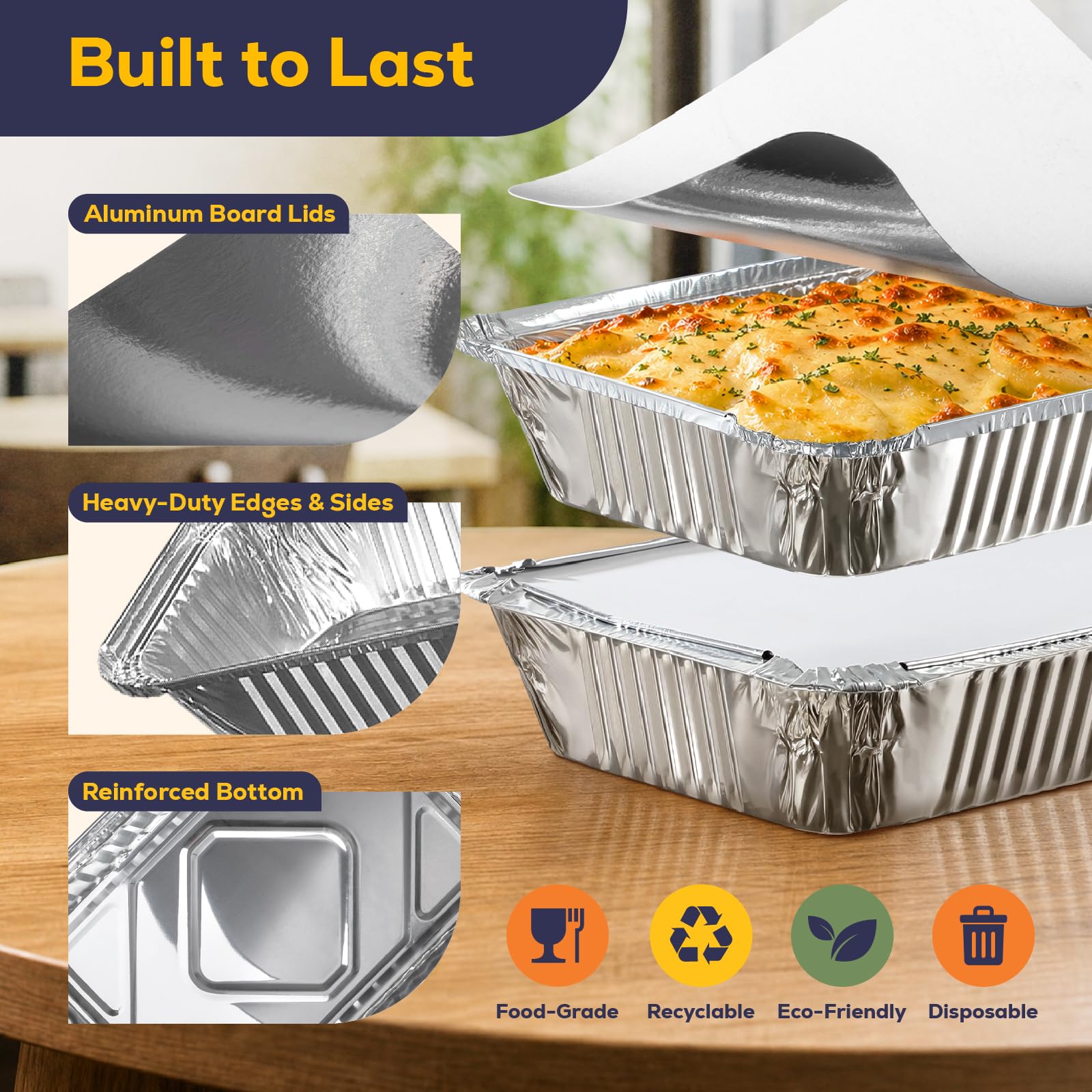 Fit Meal Prep Rectangular Vajilla de Aluminio Pan saca los envases de alimentos con tapas de cartón plano, mesa de vapor para hornear sartenes, 32 oz, 2.25 Lb, Quart 100 Paquete Plata