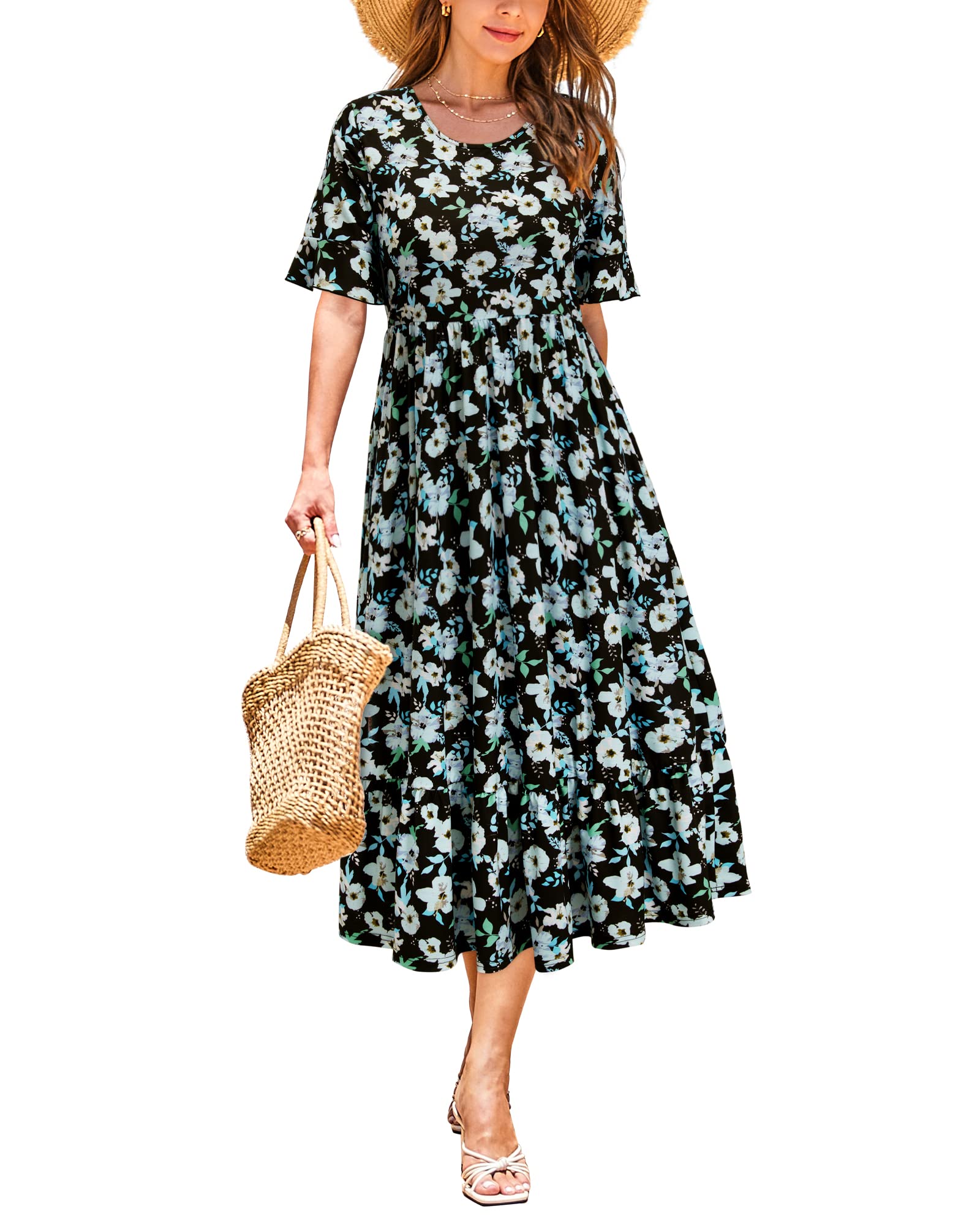 STYLEWORD Señoras Vestido de Verano Vestido Midi Floral Manga Corta Maxi Vestidos Vestidos Largos con Bolsillos