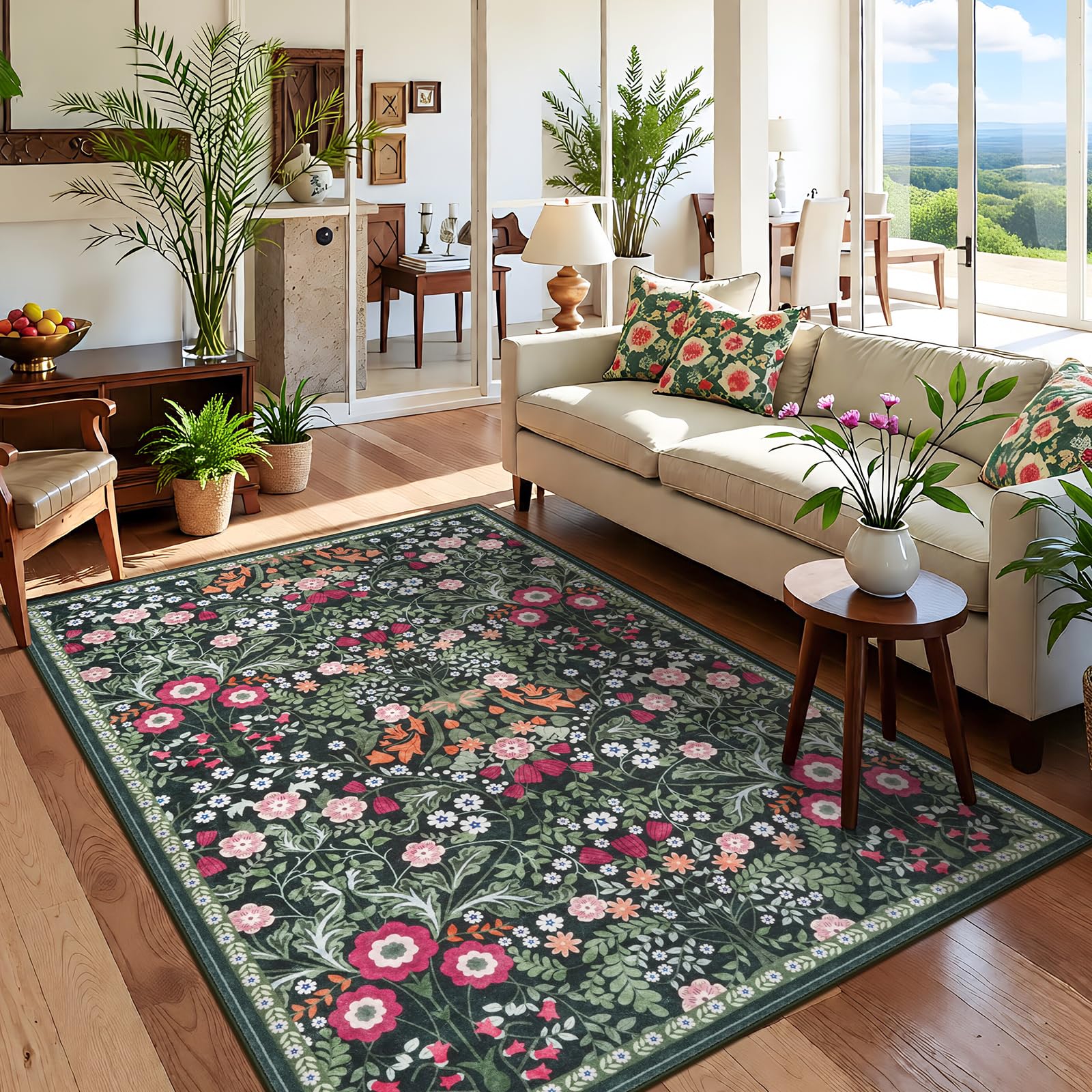 IMIYOKU Teppich Wohnzimmer 120×170cm Waschbarer Teppiche mit Blumenmuster Boho Vintage Kurzflor Carpet Weich Antirutsch Teppich Beige Rugs for Living Room Schlafzimmer Esszimmer