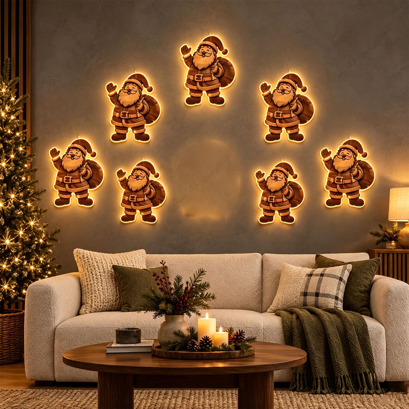 7pcs 3D Light Up Wooden Father Christmas Christmas Wall Decor with Warm LED