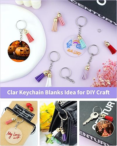 Miniatura 6 de YETOOME Juego de 120 llaveros acrílicos en blanco con borlas, llavero acrílico transparente redondo de 2 pulgadas con anillos de cadena y borlas de