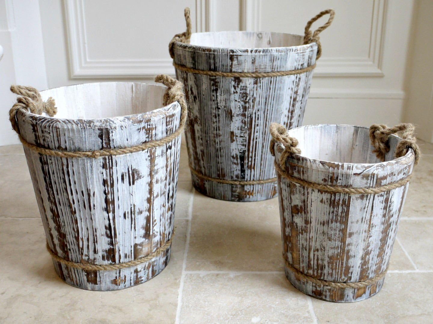 Little Sunshine 3 Rope Handle Wooden Buckets - White